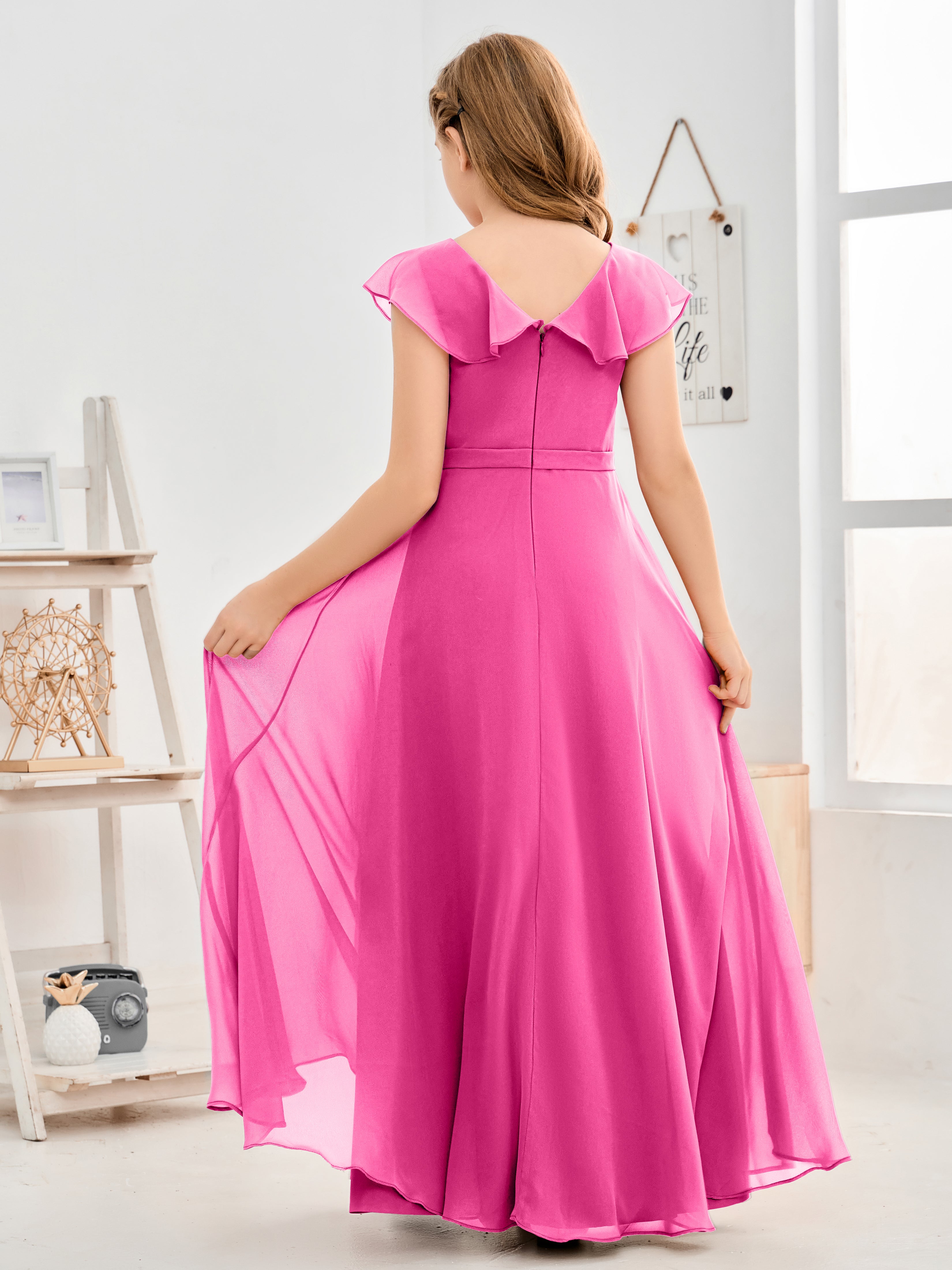 V Neck Ruffles Chiffon Junior Bridesmaid Dresses