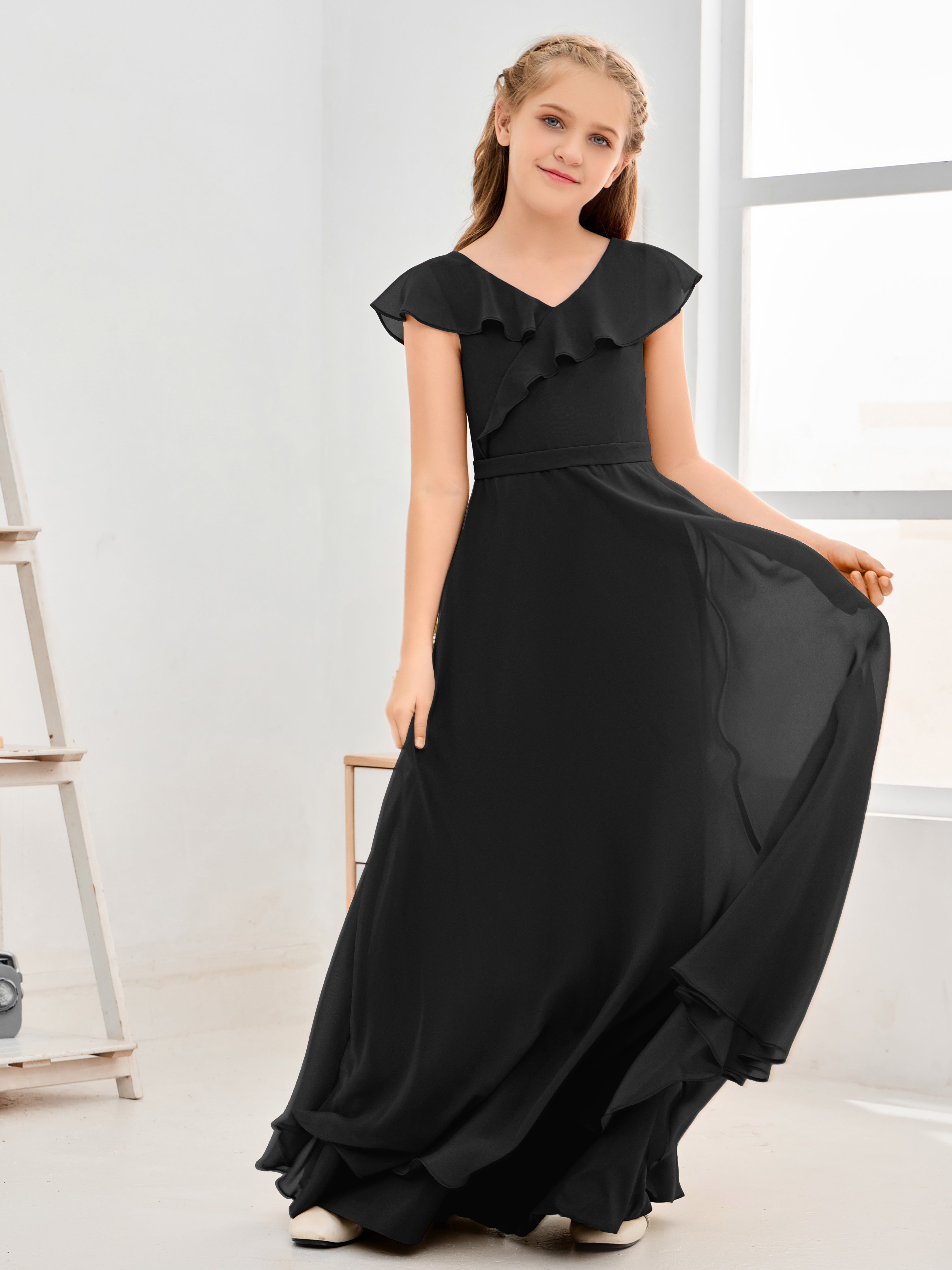 V Neck Ruffles Chiffon Junior Bridesmaid Dresses