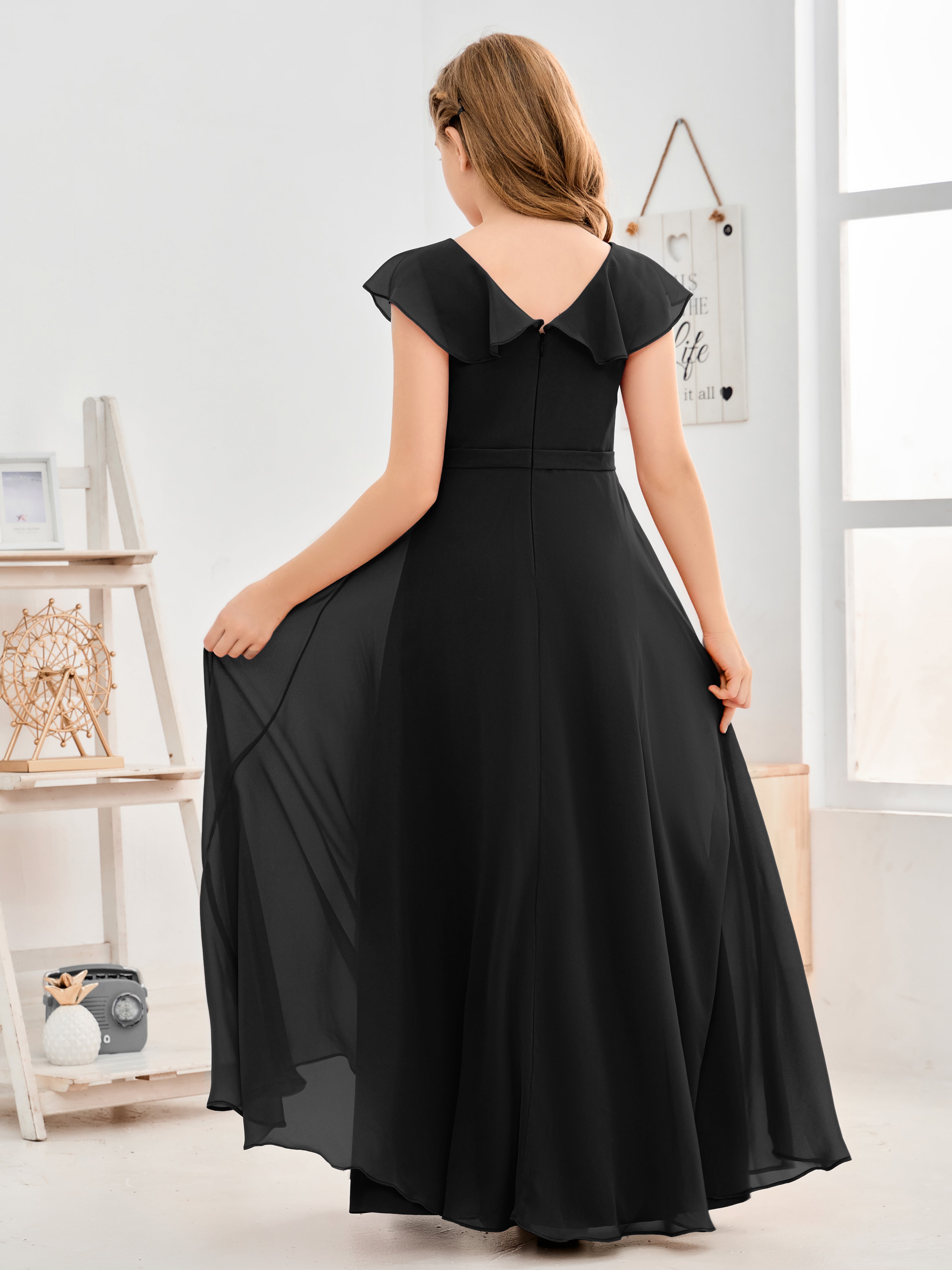 V Neck Ruffles Chiffon Junior Bridesmaid Dresses