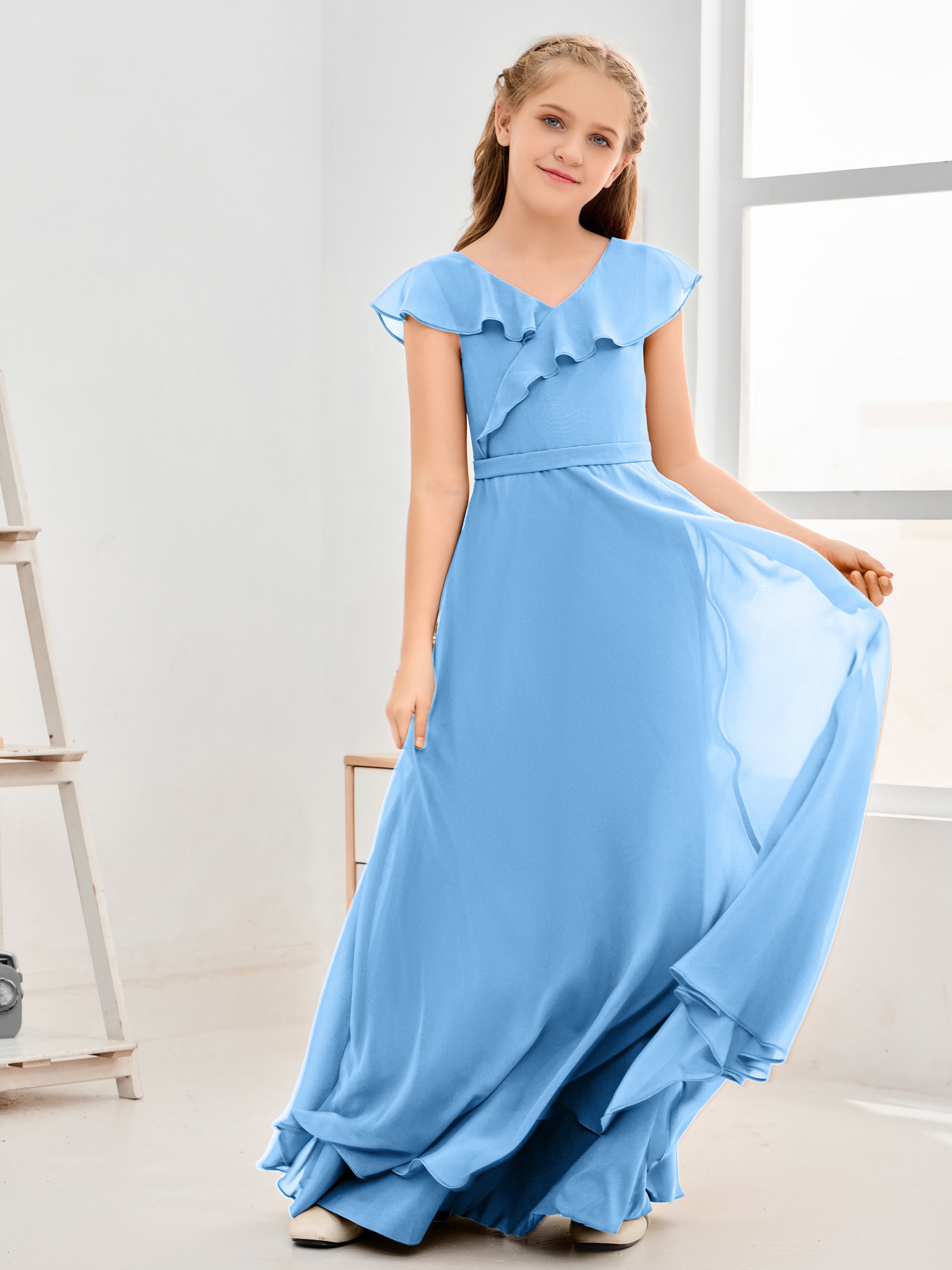 V Neck Ruffles Chiffon Junior Bridesmaid Dresses