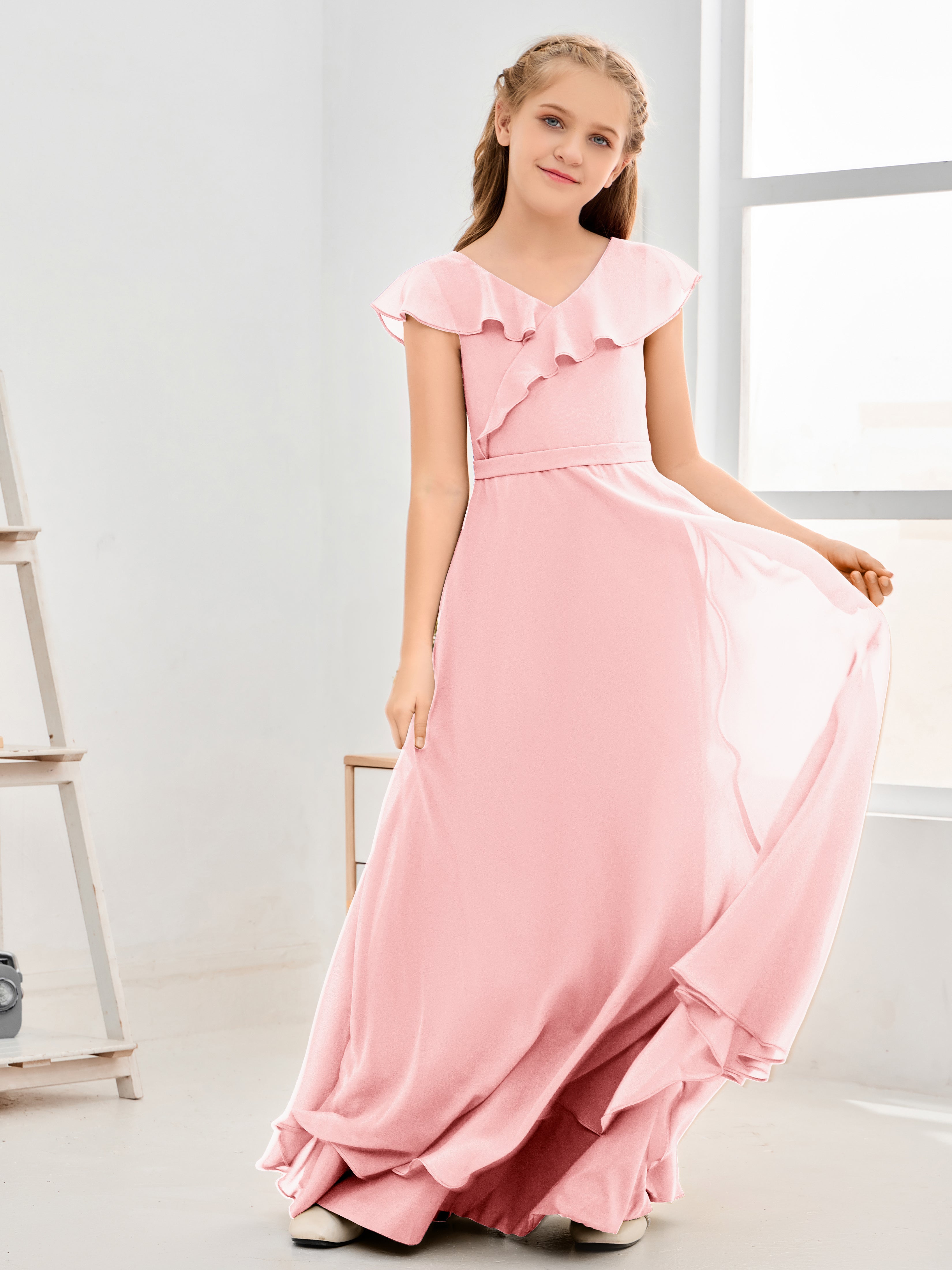 V Neck Ruffles Chiffon Junior Bridesmaid Dresses