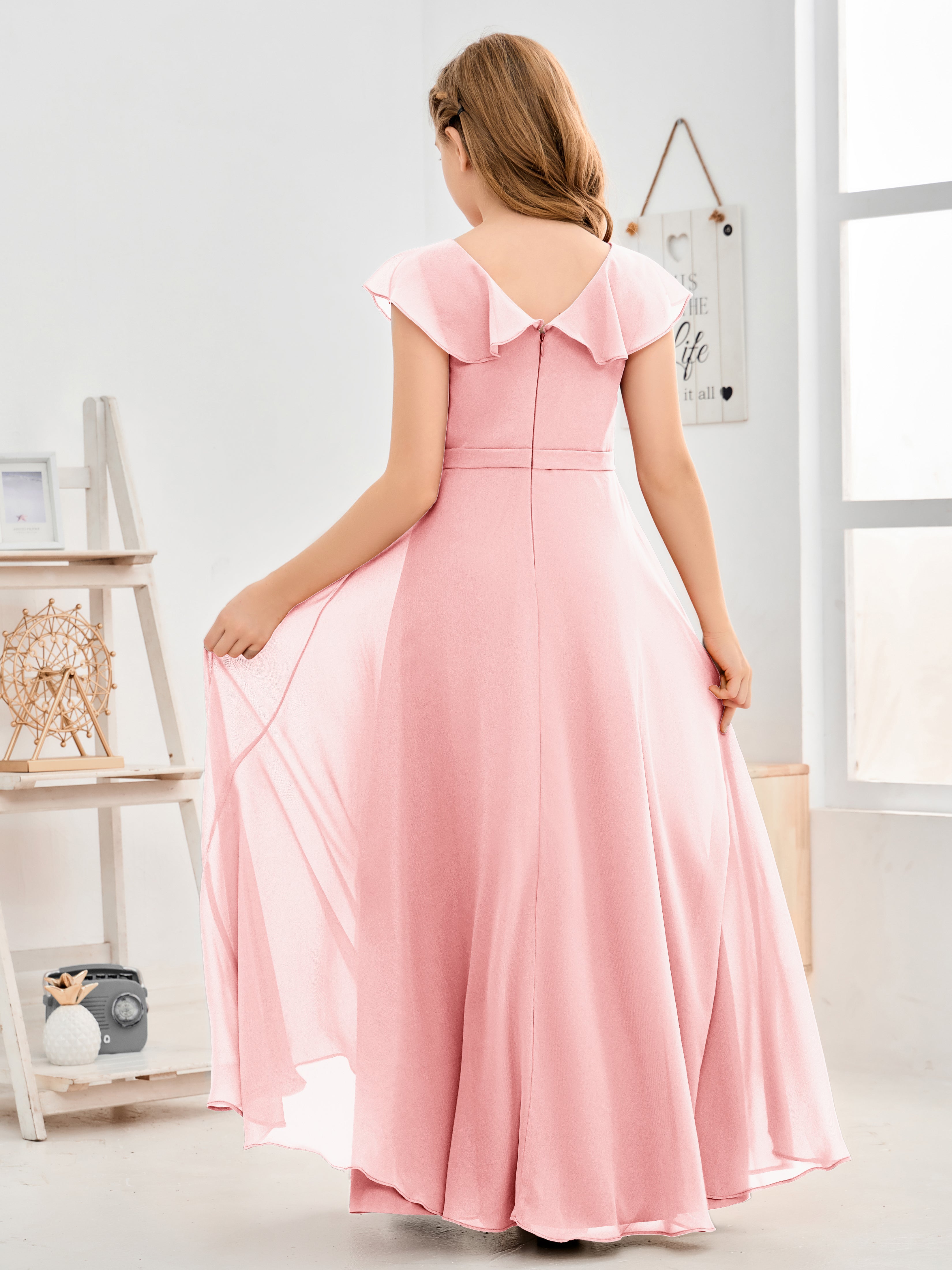 V Neck Ruffles Chiffon Junior Bridesmaid Dresses