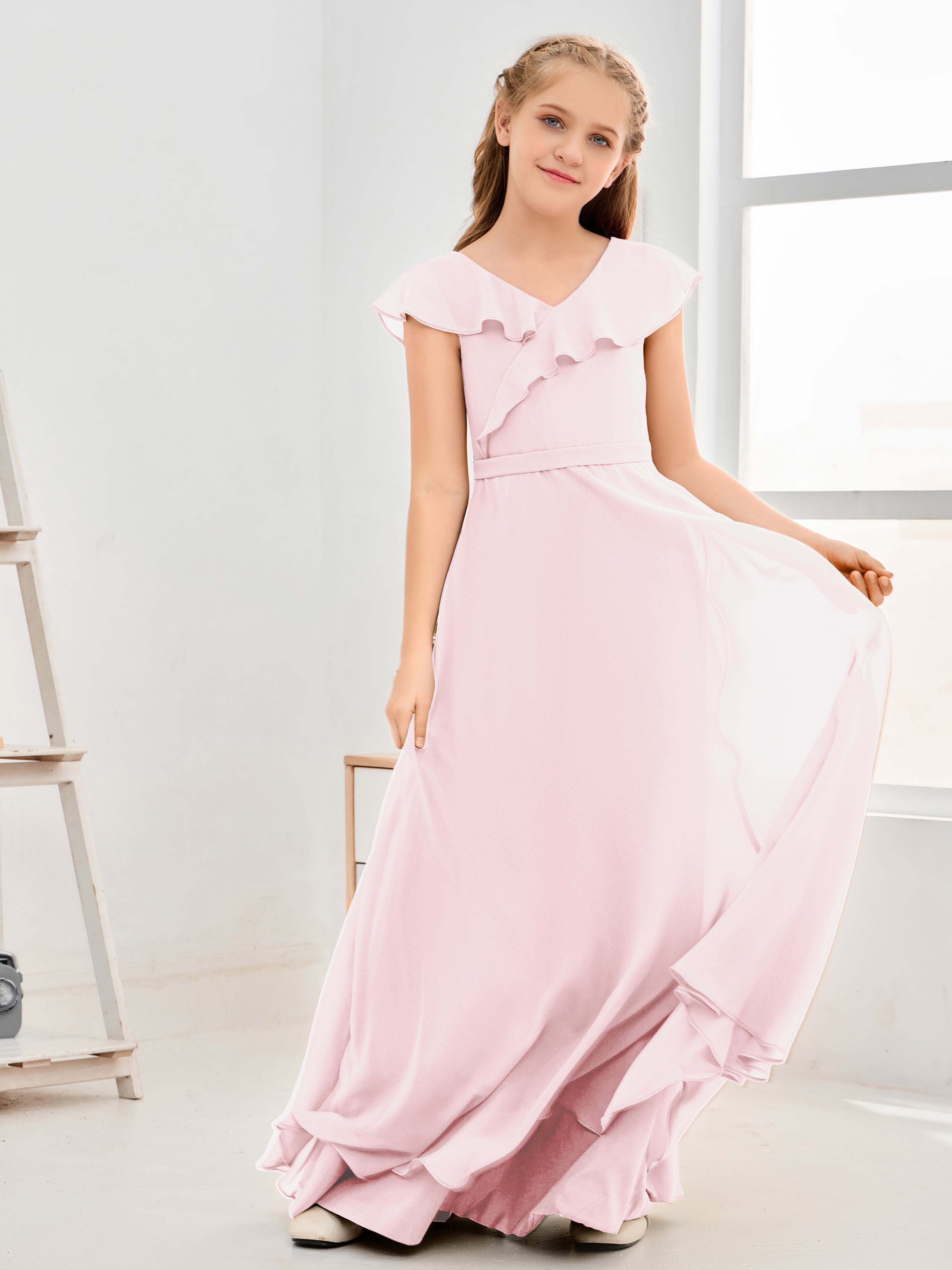 V Neck Ruffles Chiffon Junior Bridesmaid Dresses