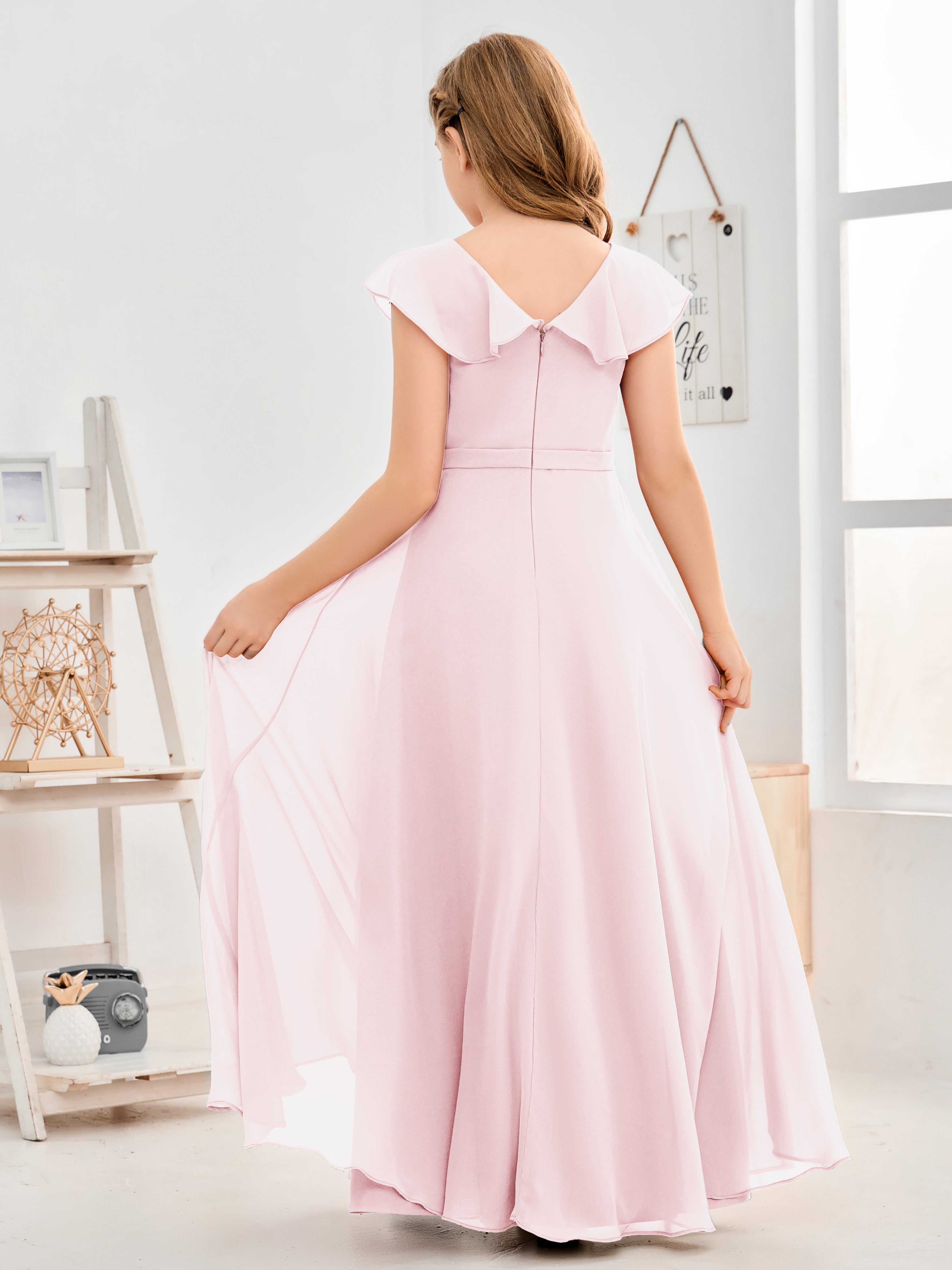 V Neck Ruffles Chiffon Junior Bridesmaid Dresses