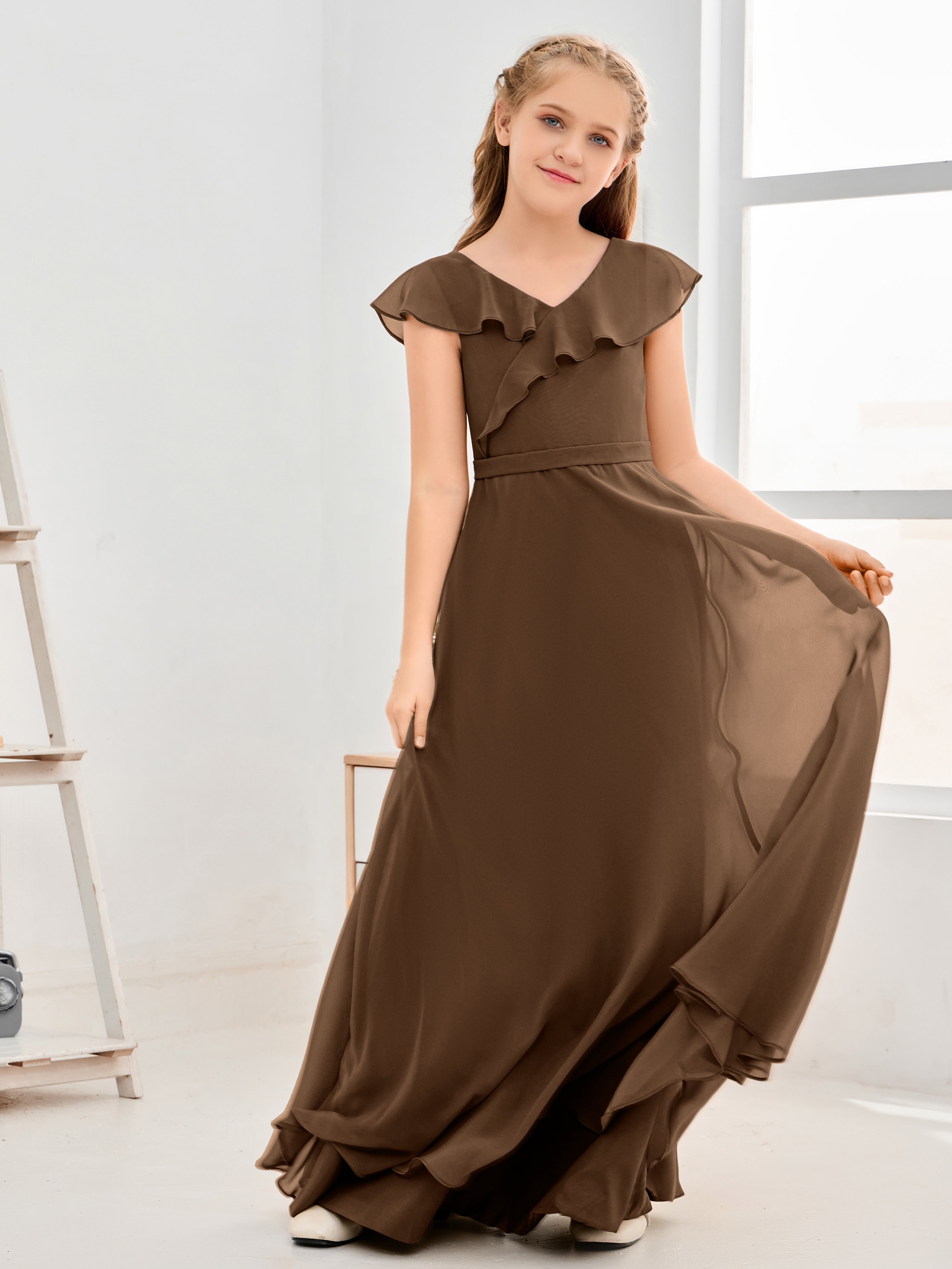 V Neck Ruffles Chiffon Junior Bridesmaid Dresses