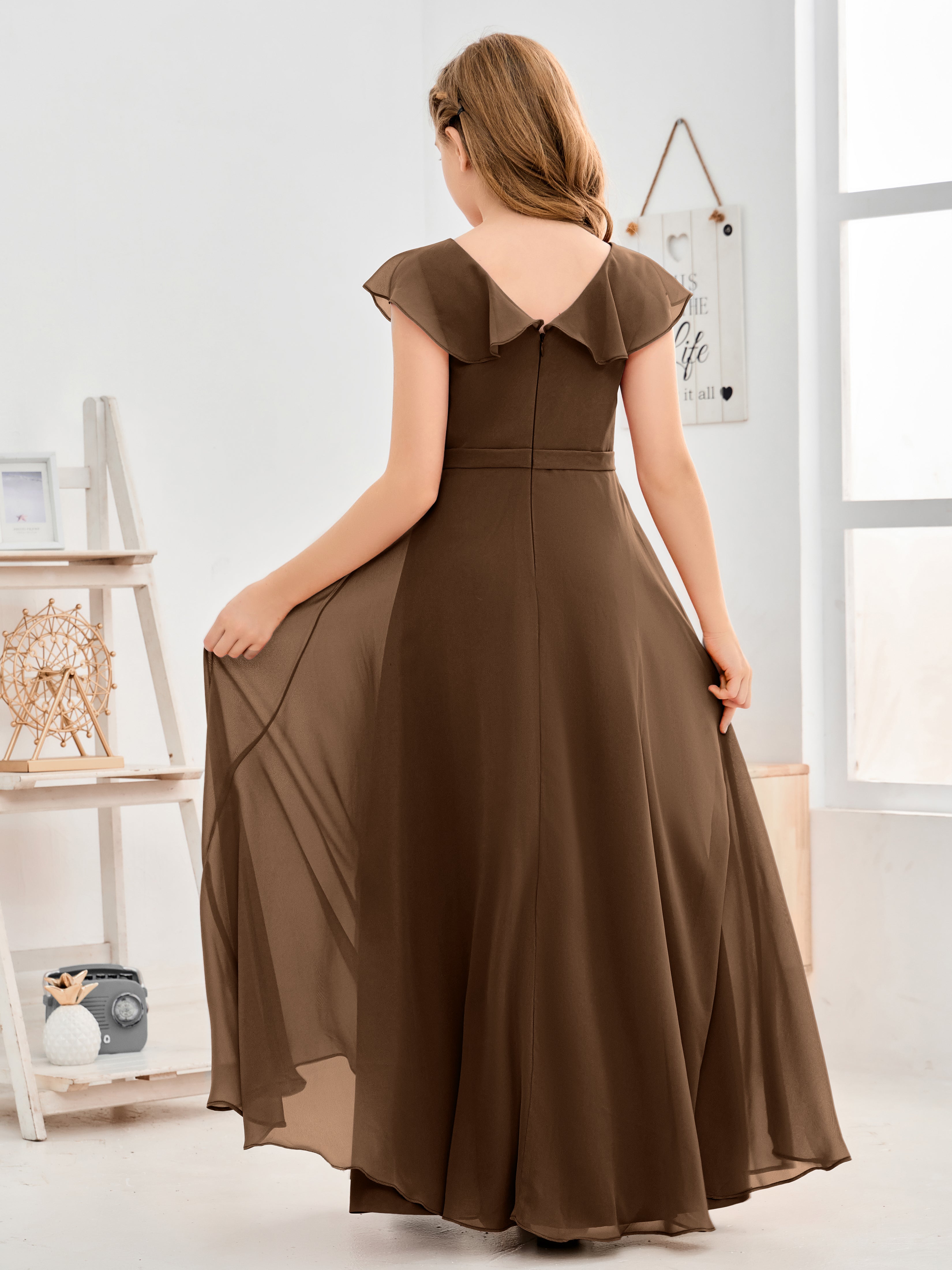 V Neck Ruffles Chiffon Junior Bridesmaid Dresses