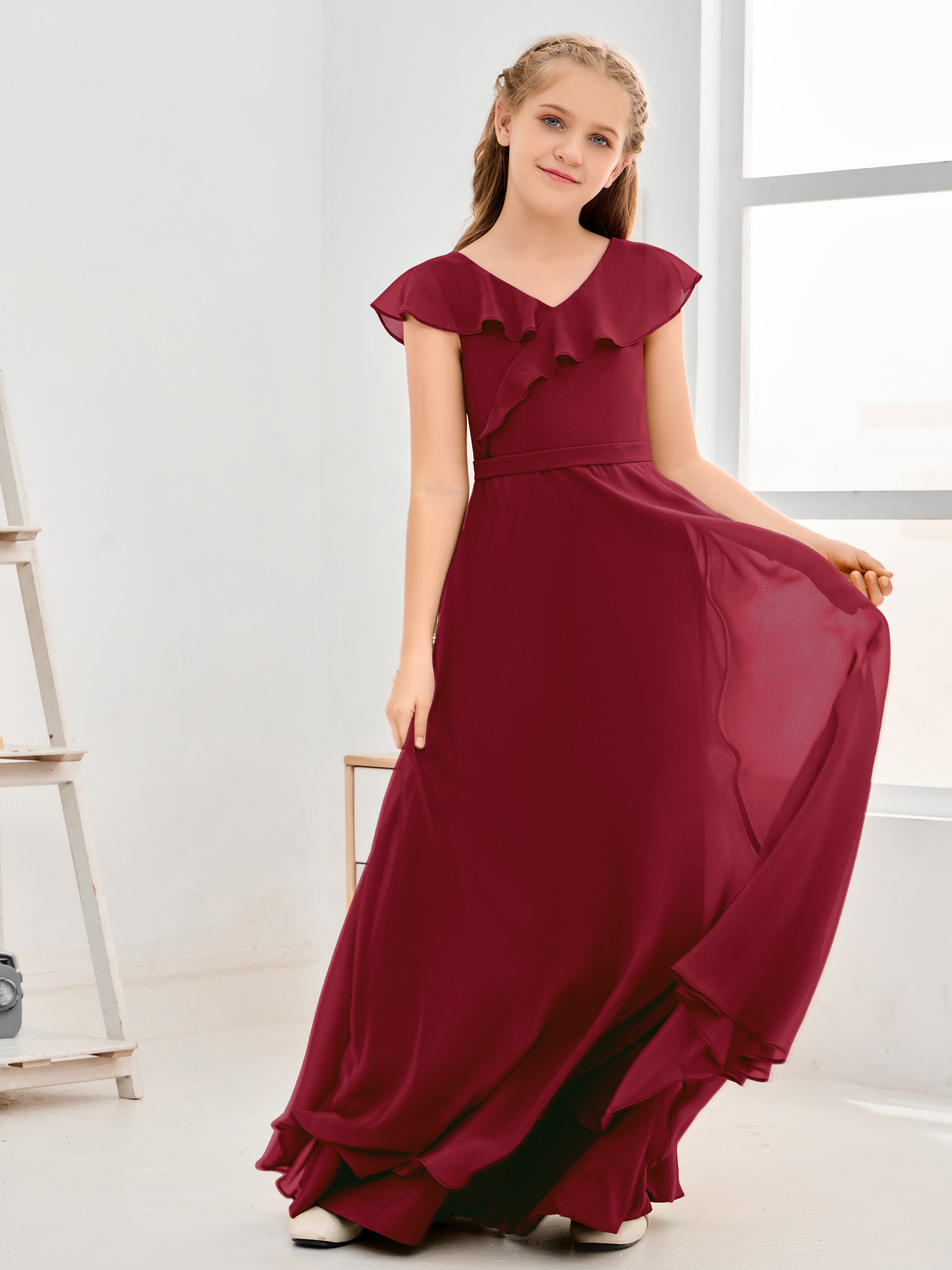 V Neck Ruffles Chiffon Junior Bridesmaid Dresses