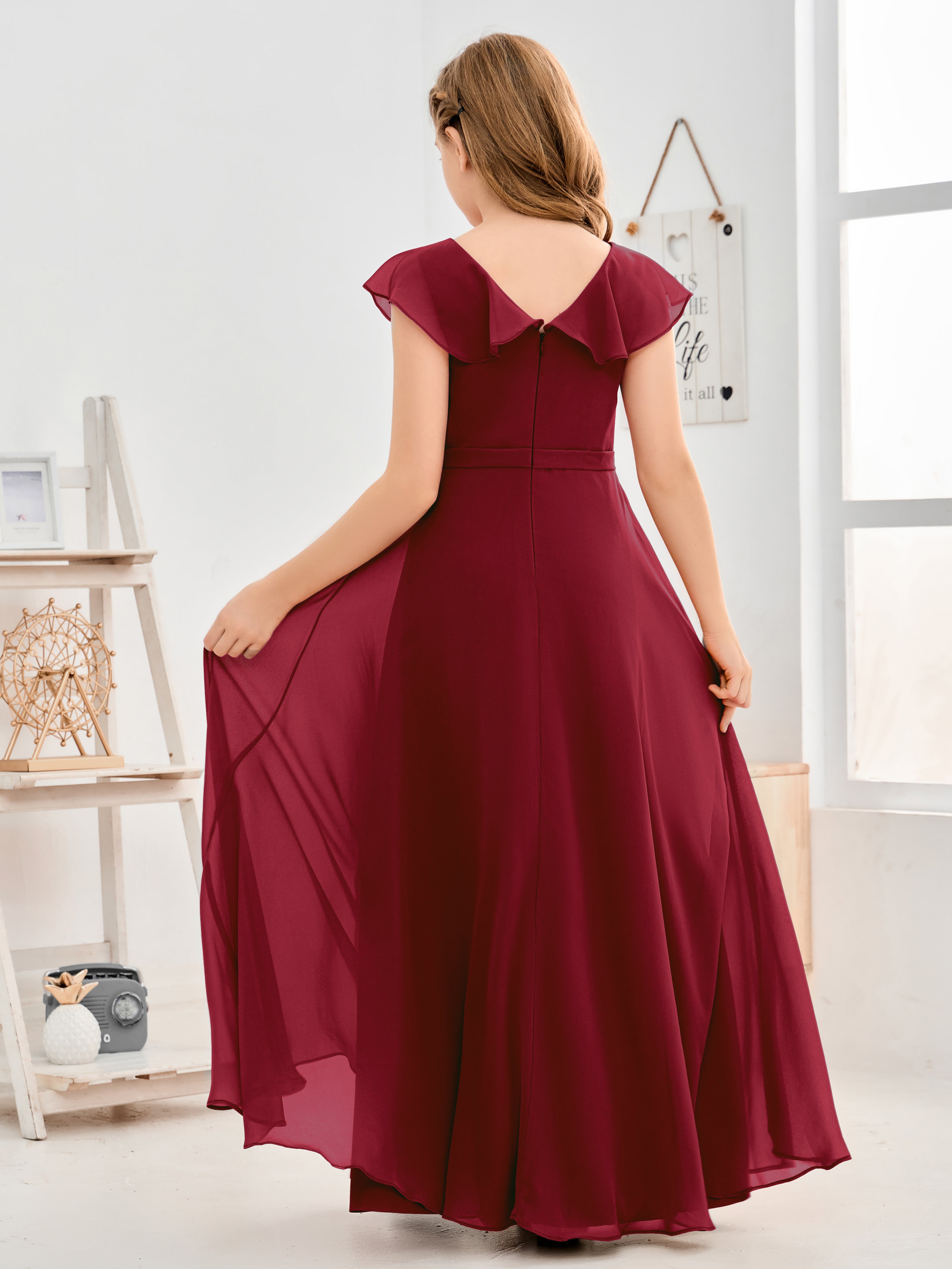 V Neck Ruffles Chiffon Junior Bridesmaid Dresses