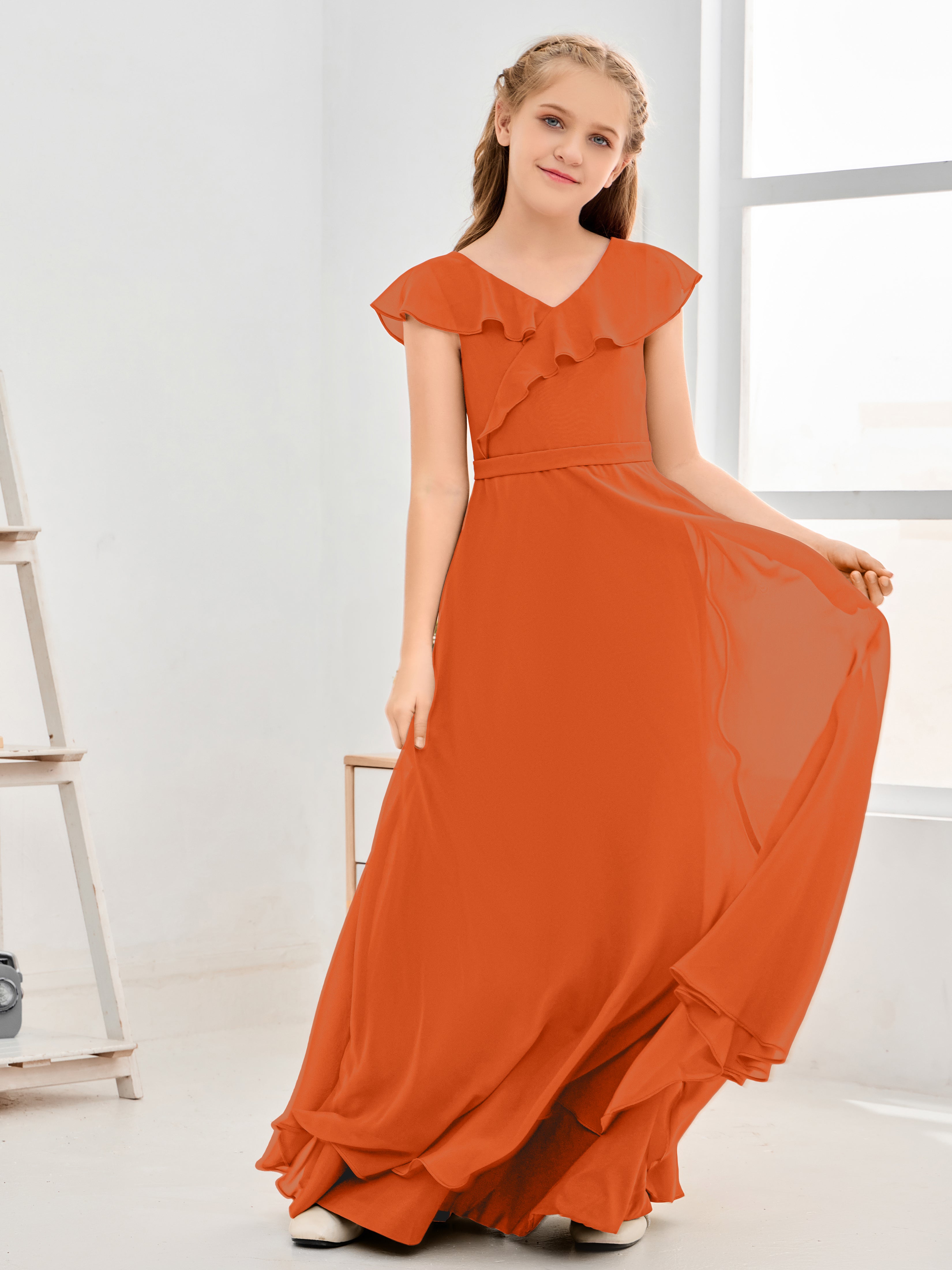 V Neck Ruffles Chiffon Junior Bridesmaid Dresses