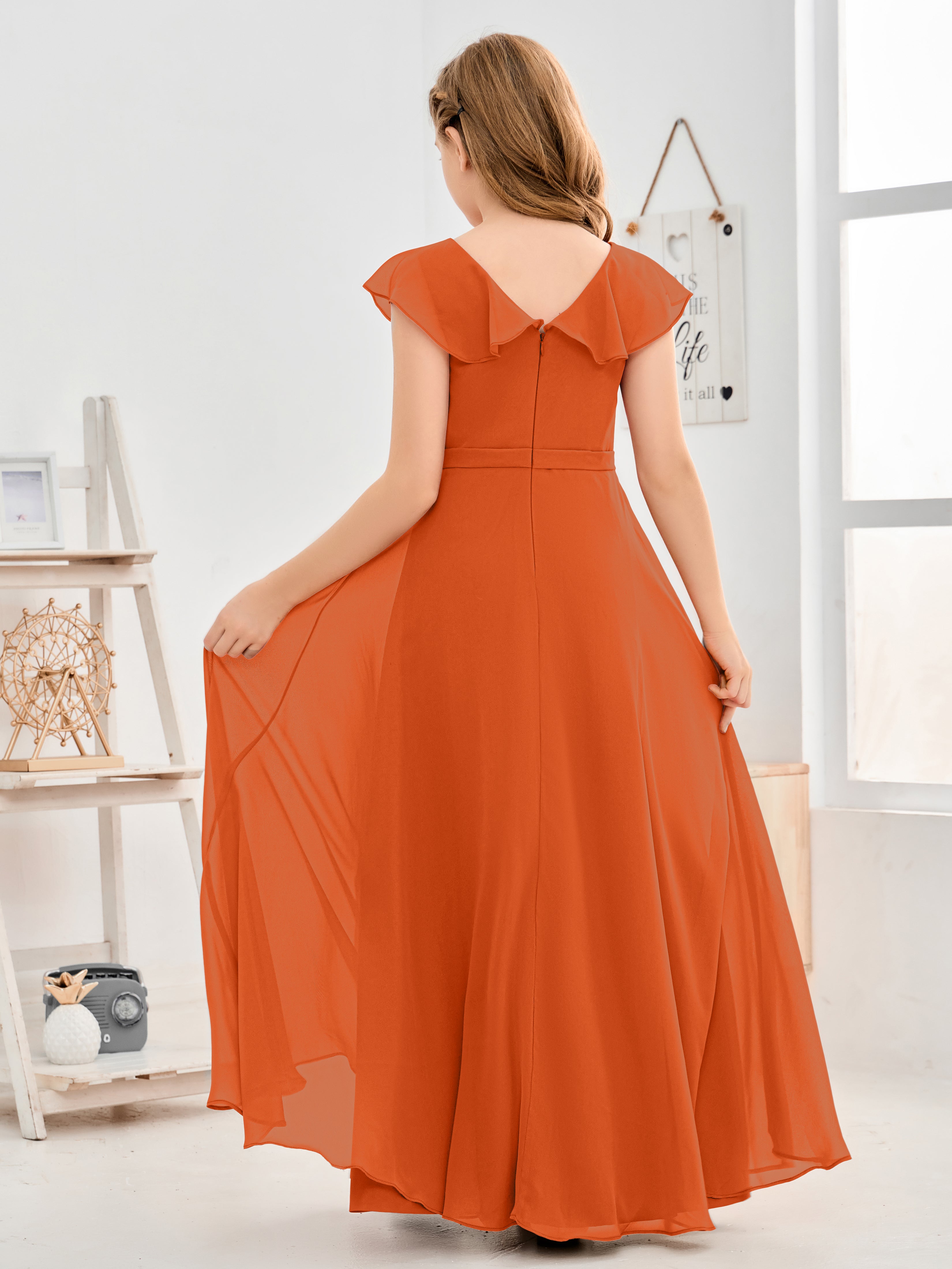 V Neck Ruffles Chiffon Junior Bridesmaid Dresses