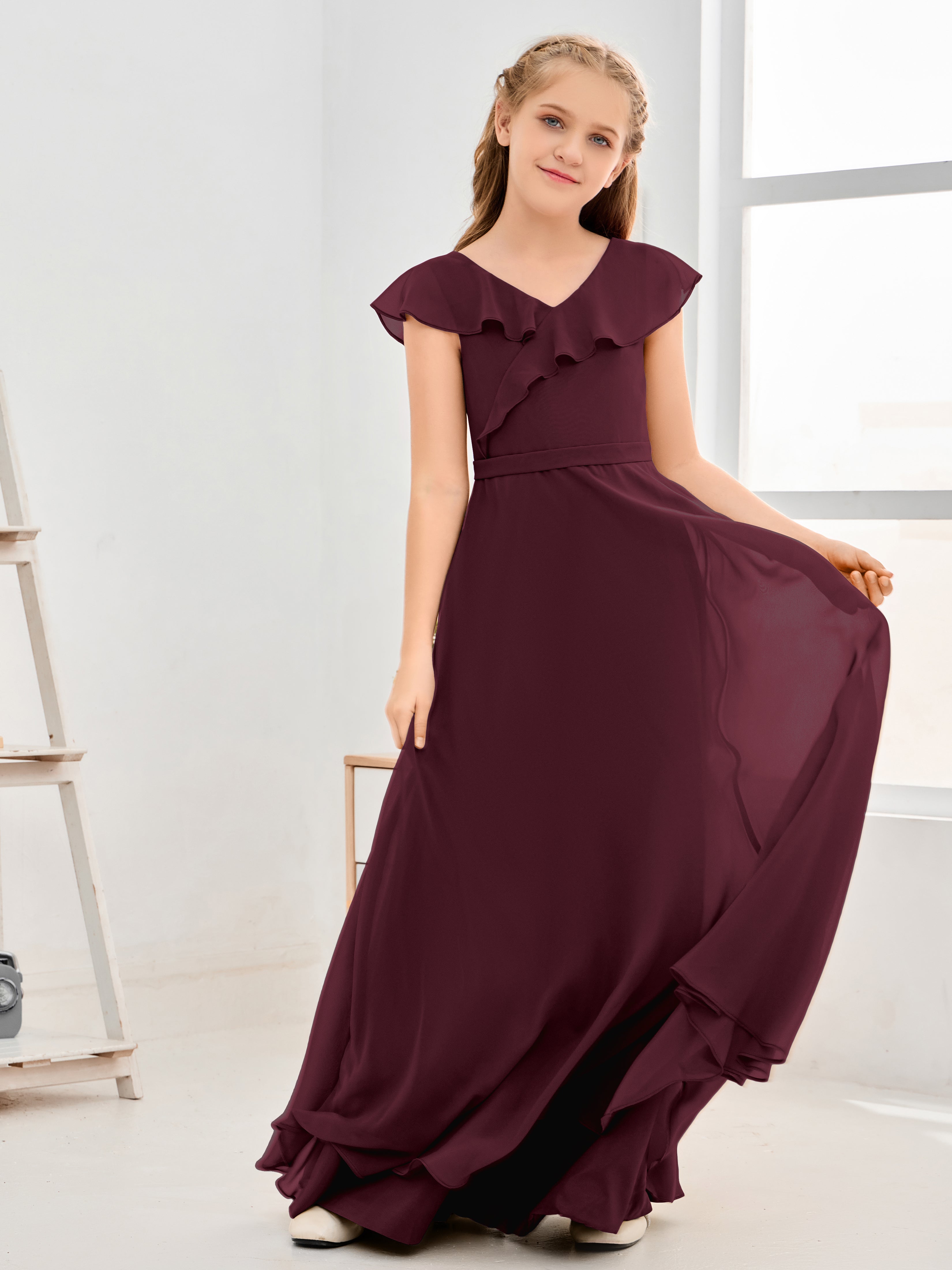 V Neck Ruffles Chiffon Junior Bridesmaid Dresses