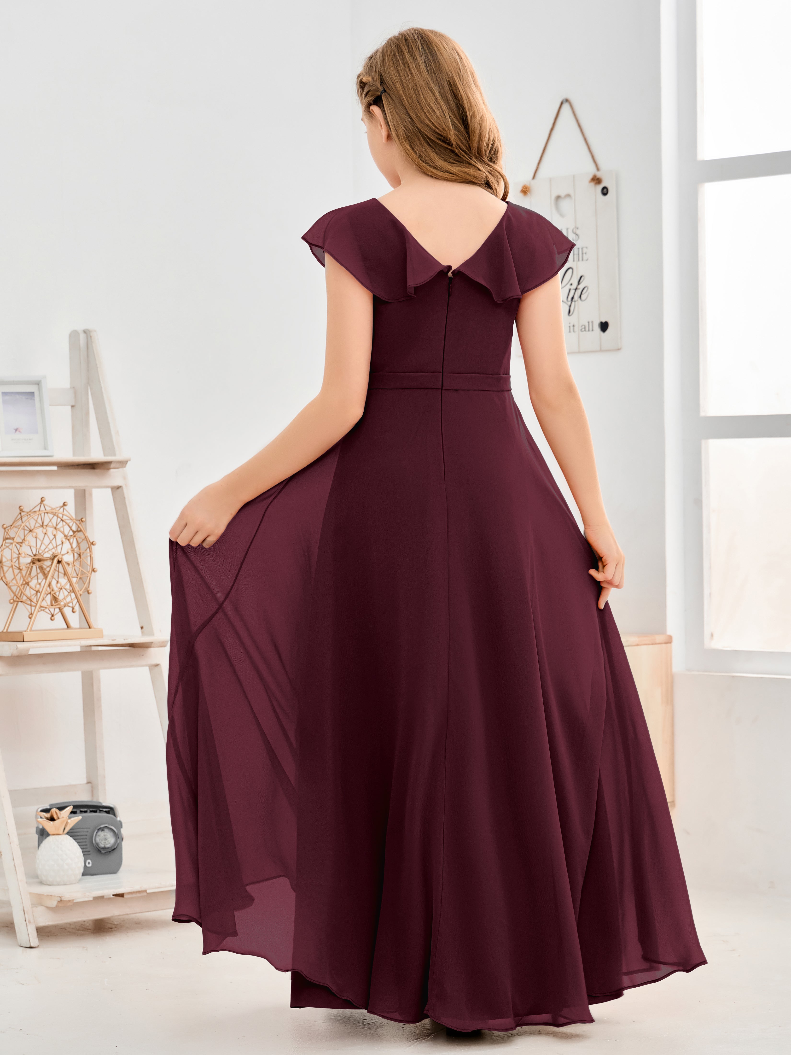 V Neck Ruffles Chiffon Junior Bridesmaid Dresses