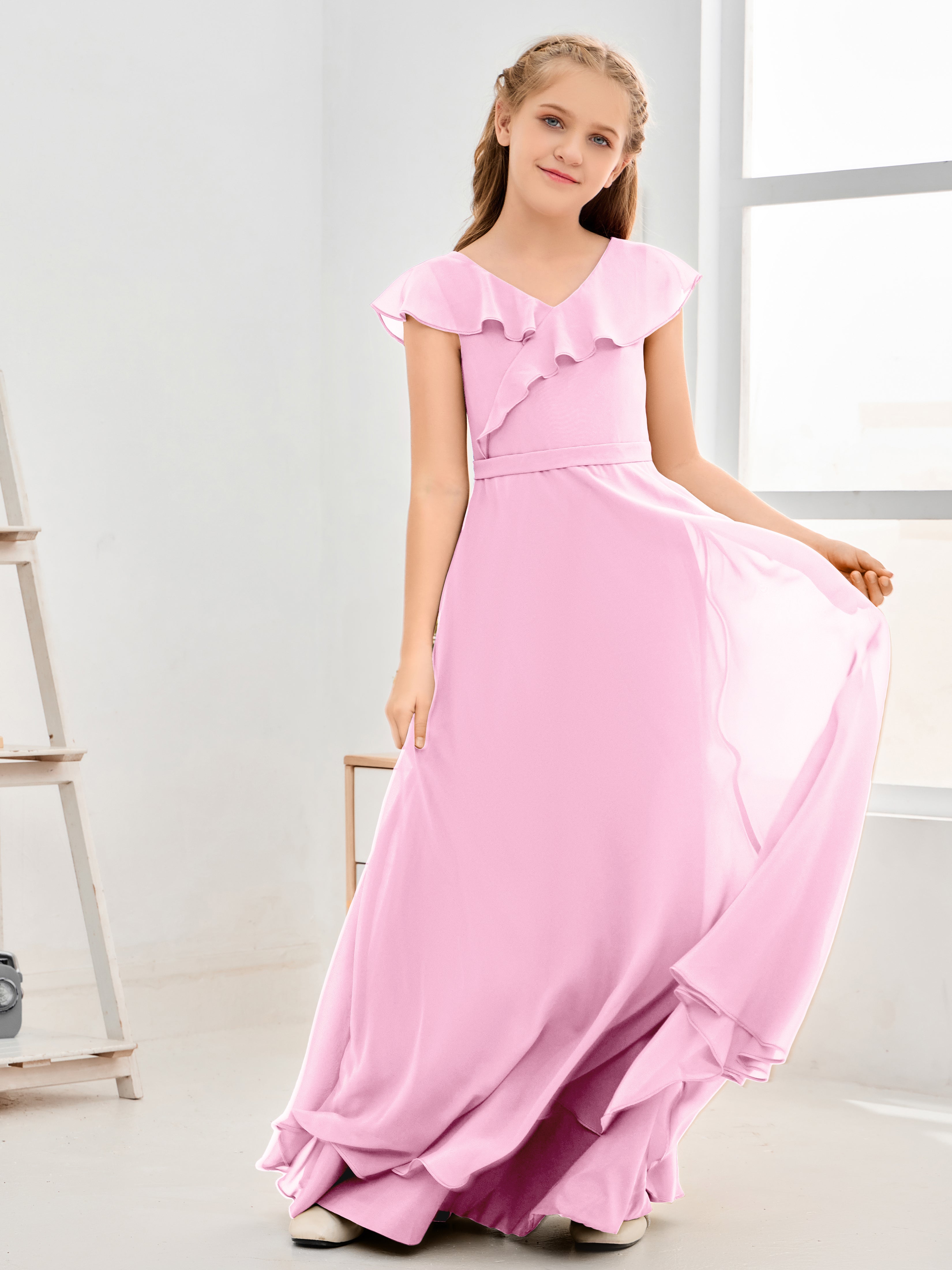 V Neck Ruffles Chiffon Junior Bridesmaid Dresses