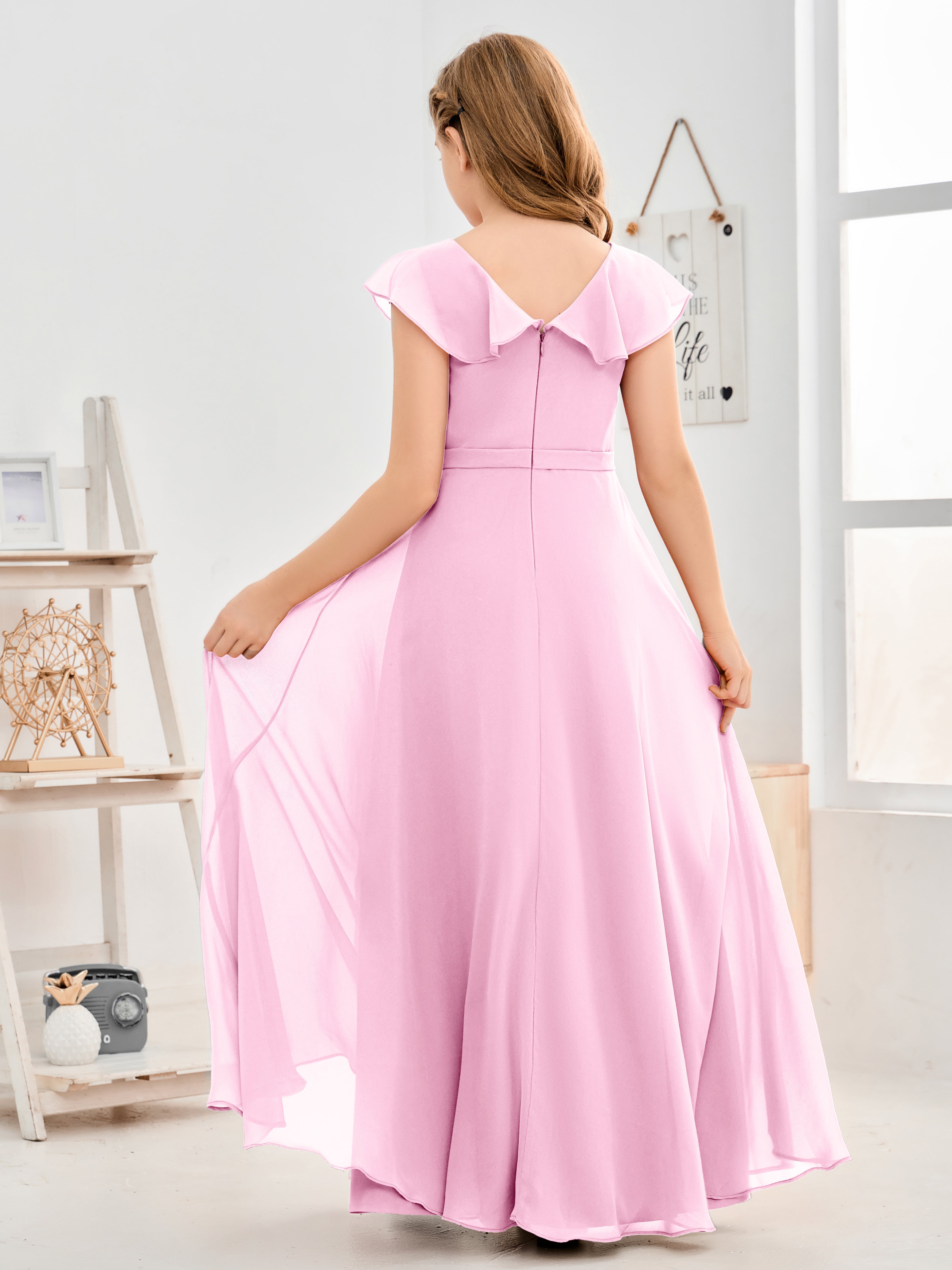 V Neck Ruffles Chiffon Junior Bridesmaid Dresses