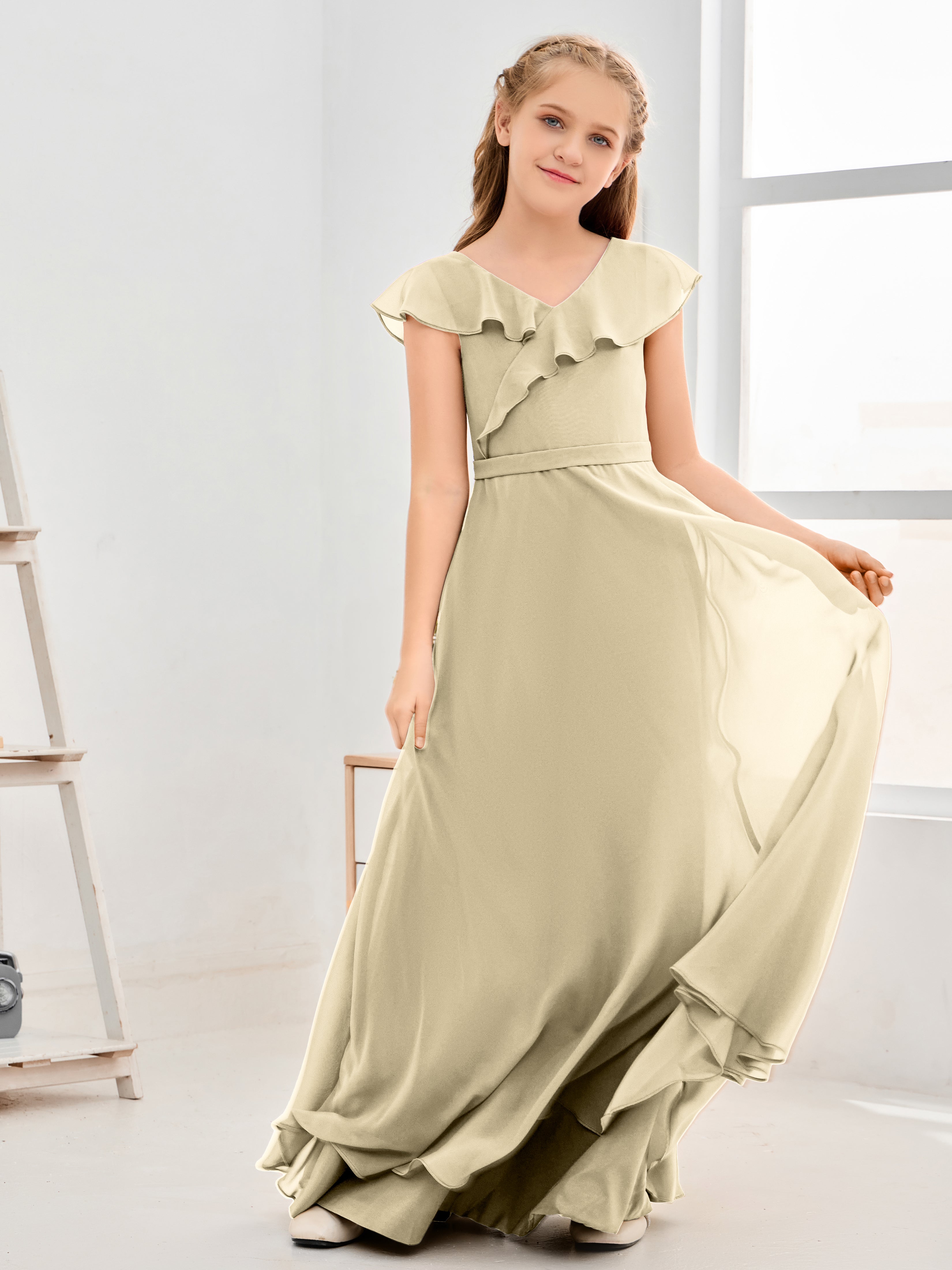 V Neck Ruffles Chiffon Junior Bridesmaid Dresses