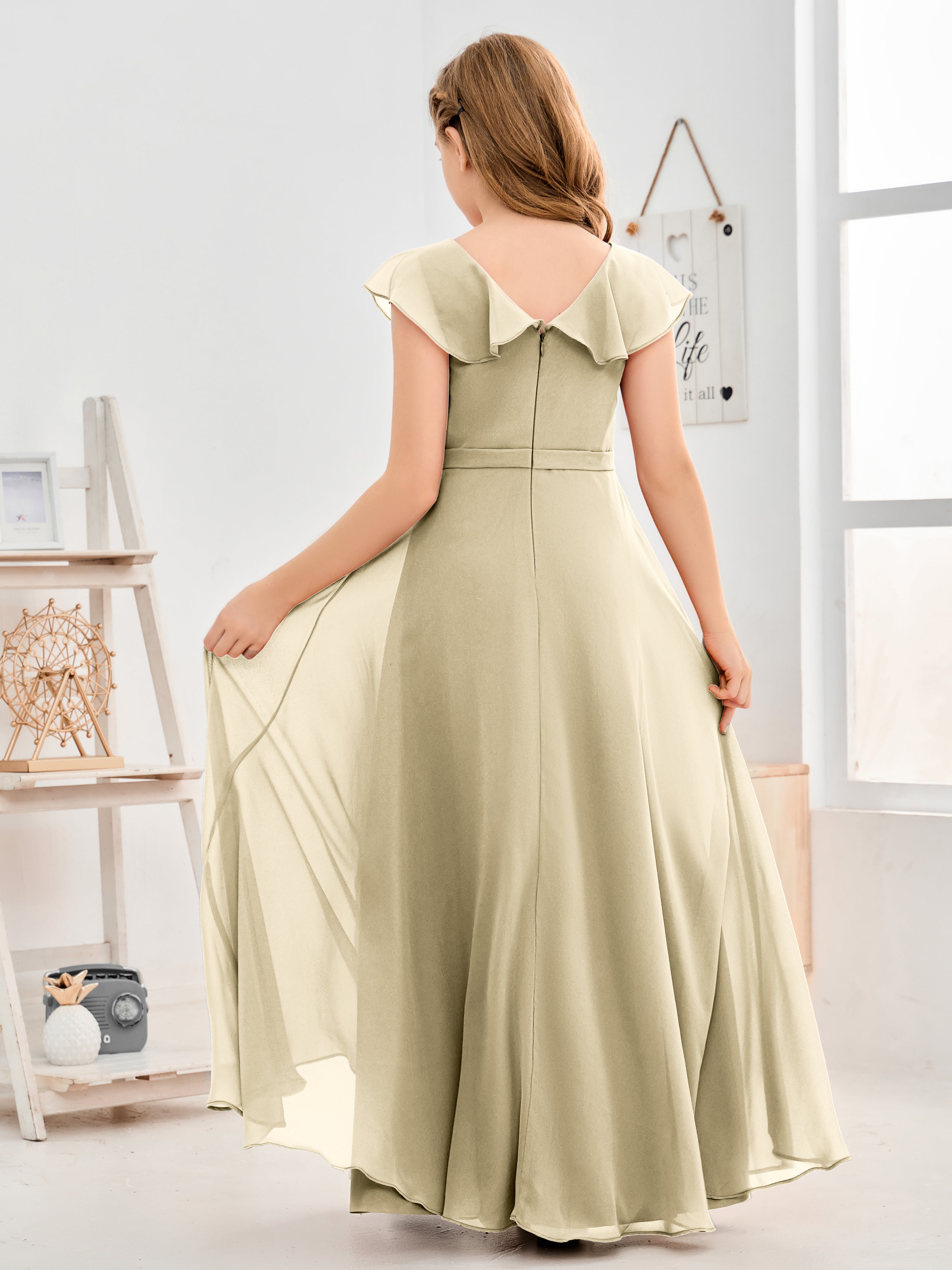 V Neck Ruffles Chiffon Junior Bridesmaid Dresses