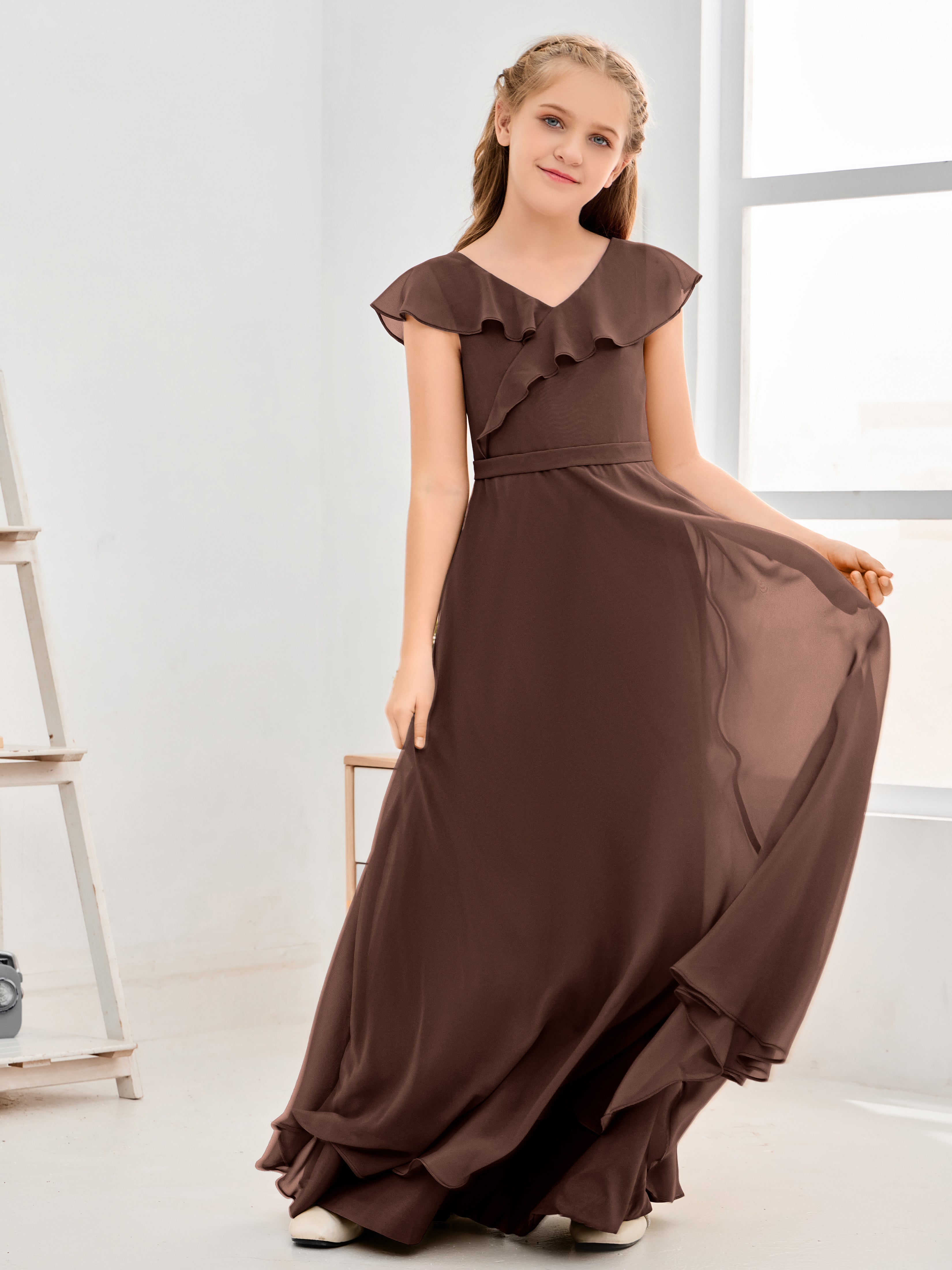 V Neck Ruffles Chiffon Junior Bridesmaid Dresses