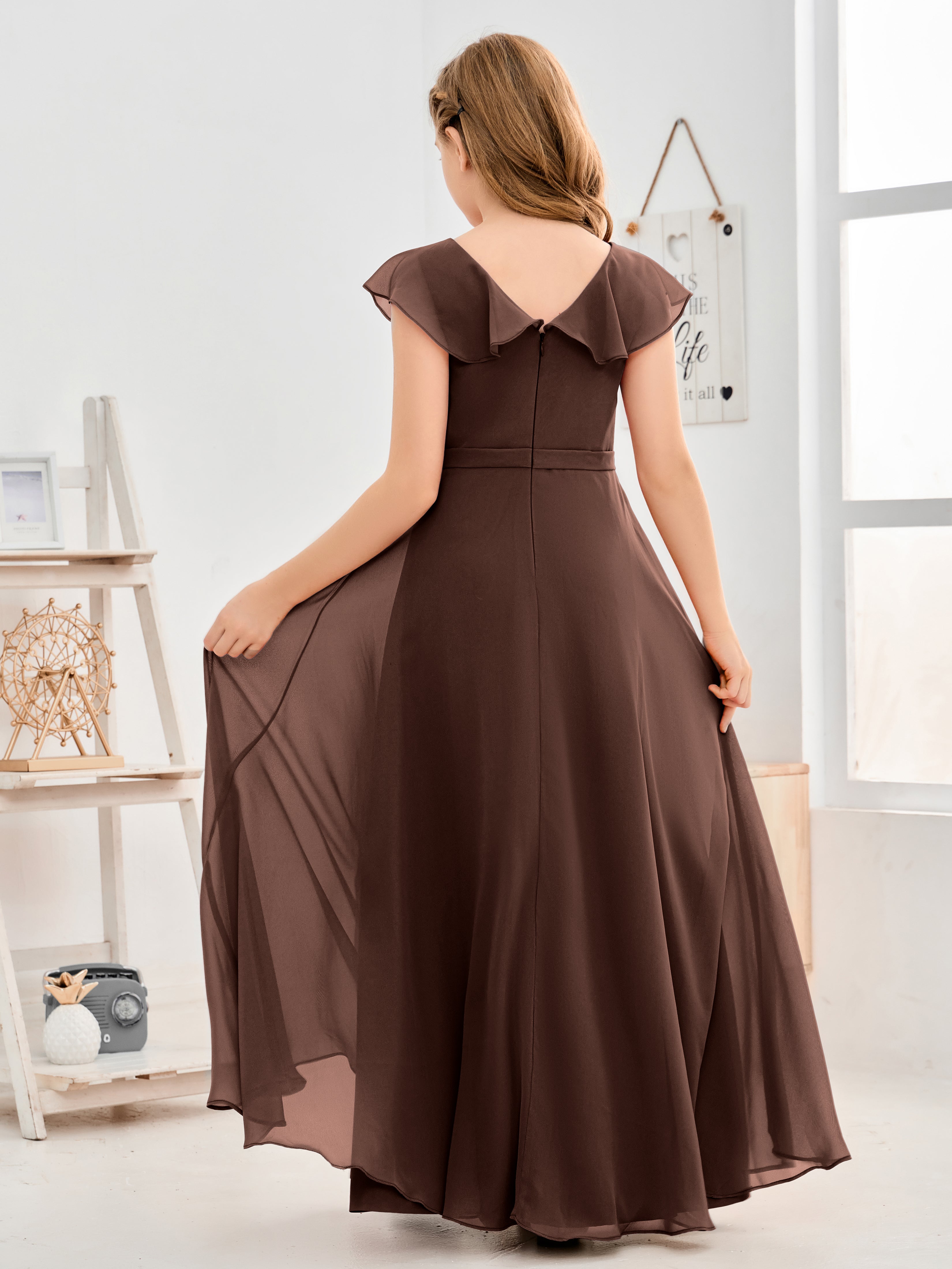 V Neck Ruffles Chiffon Junior Bridesmaid Dresses