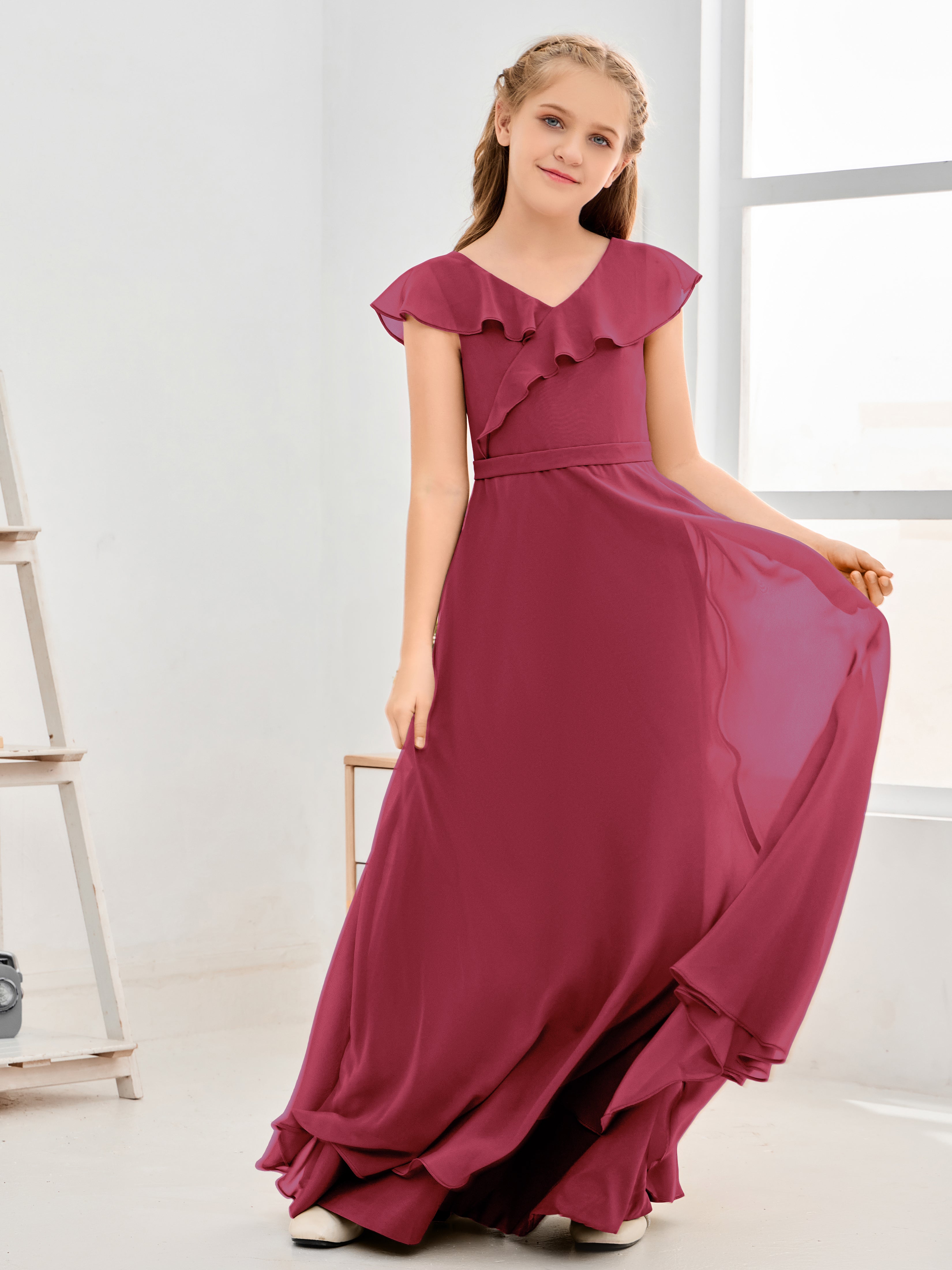 V Neck Ruffles Chiffon Junior Bridesmaid Dresses
