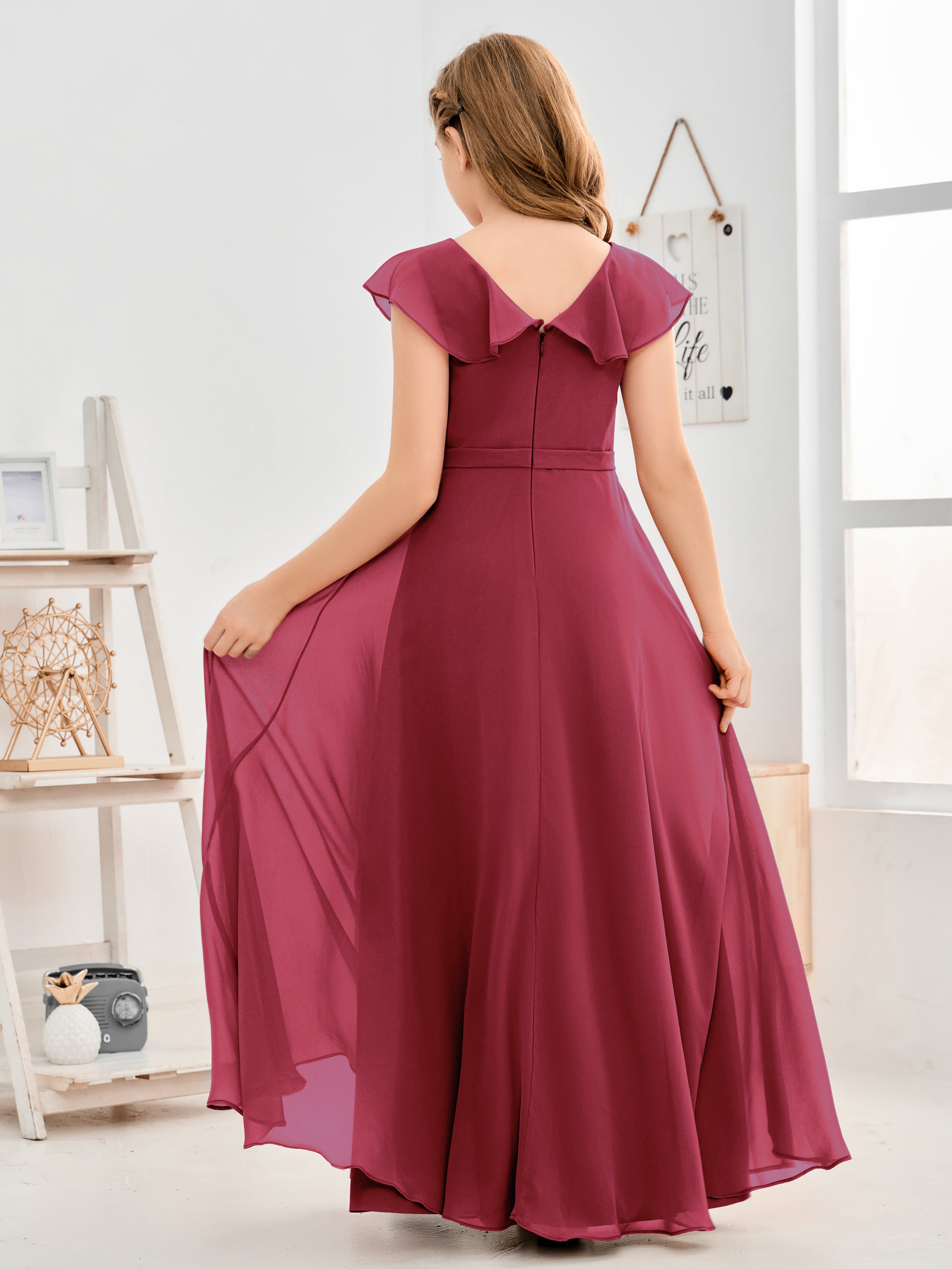 V Neck Ruffles Chiffon Junior Bridesmaid Dresses