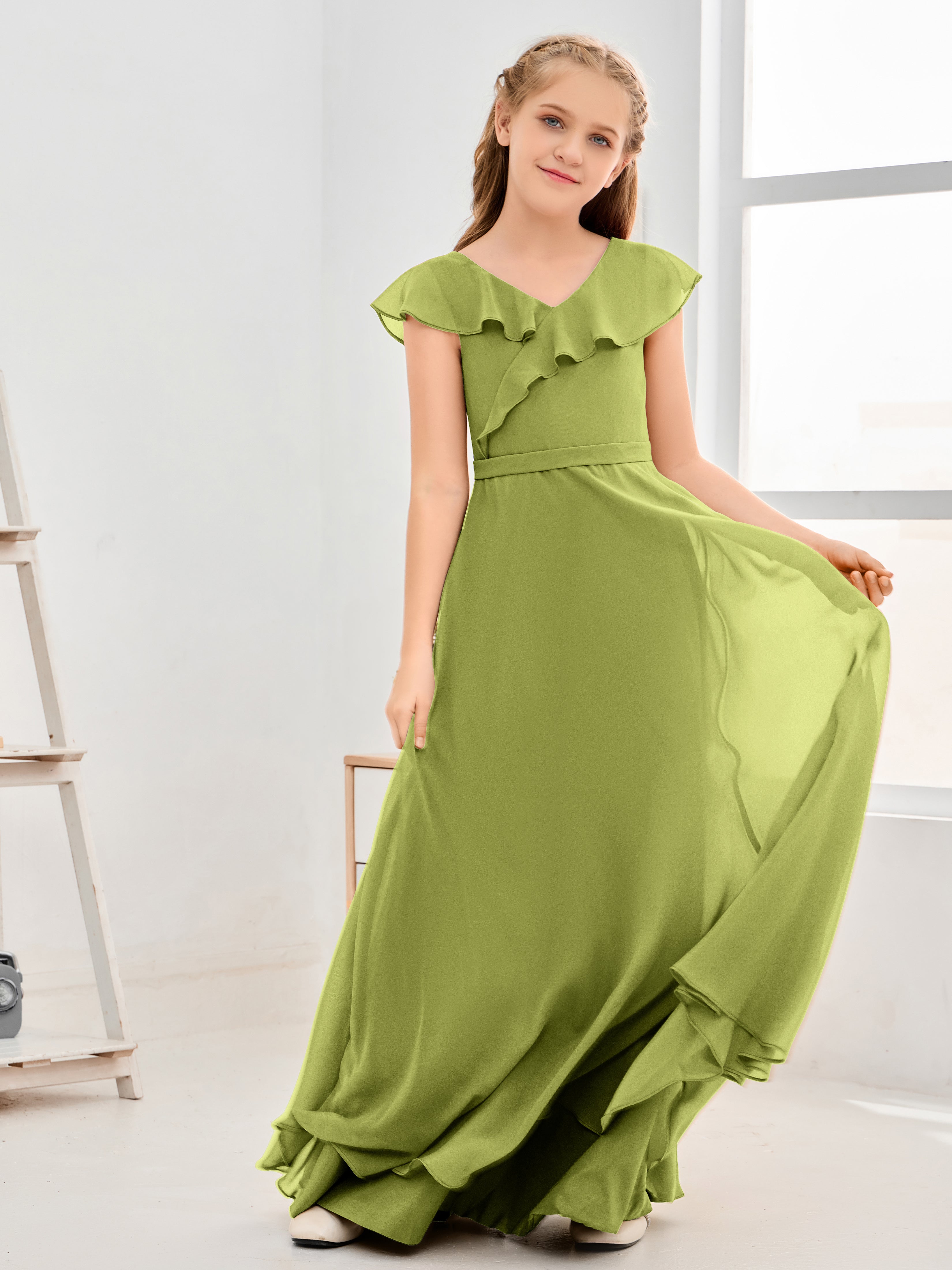V Neck Ruffles Chiffon Junior Bridesmaid Dresses