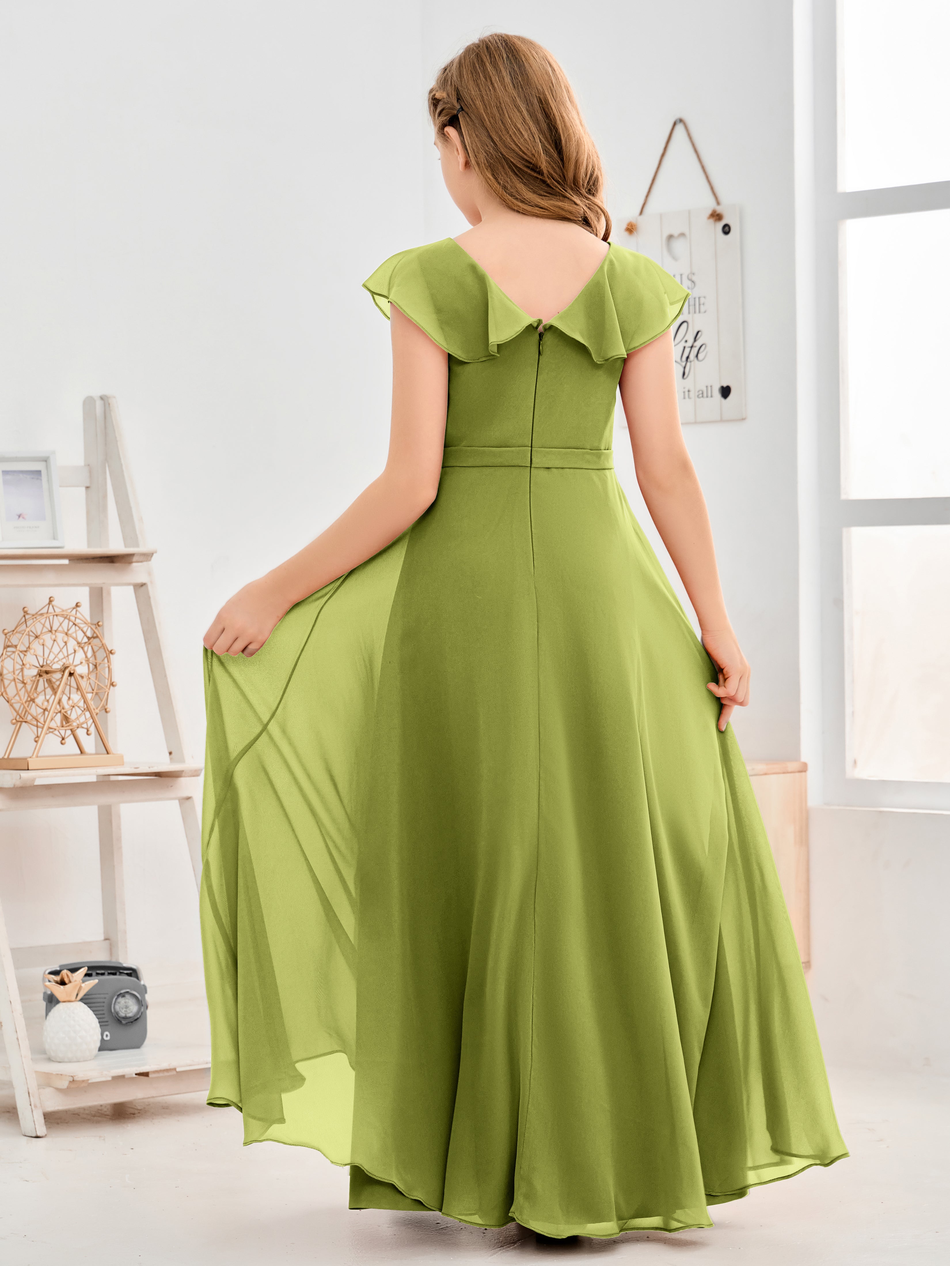 V Neck Ruffles Chiffon Junior Bridesmaid Dresses