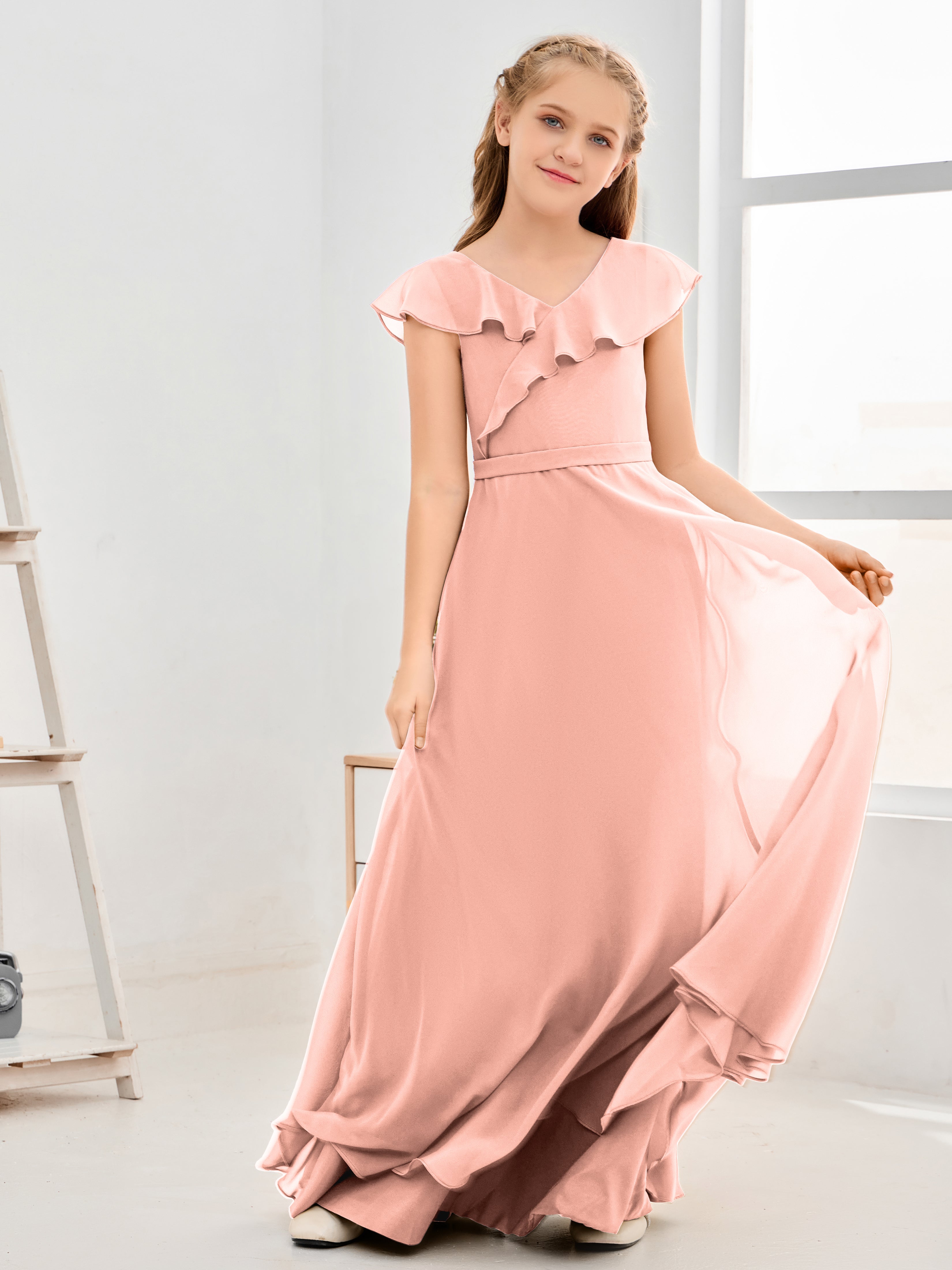 V Neck Ruffles Chiffon Junior Bridesmaid Dresses