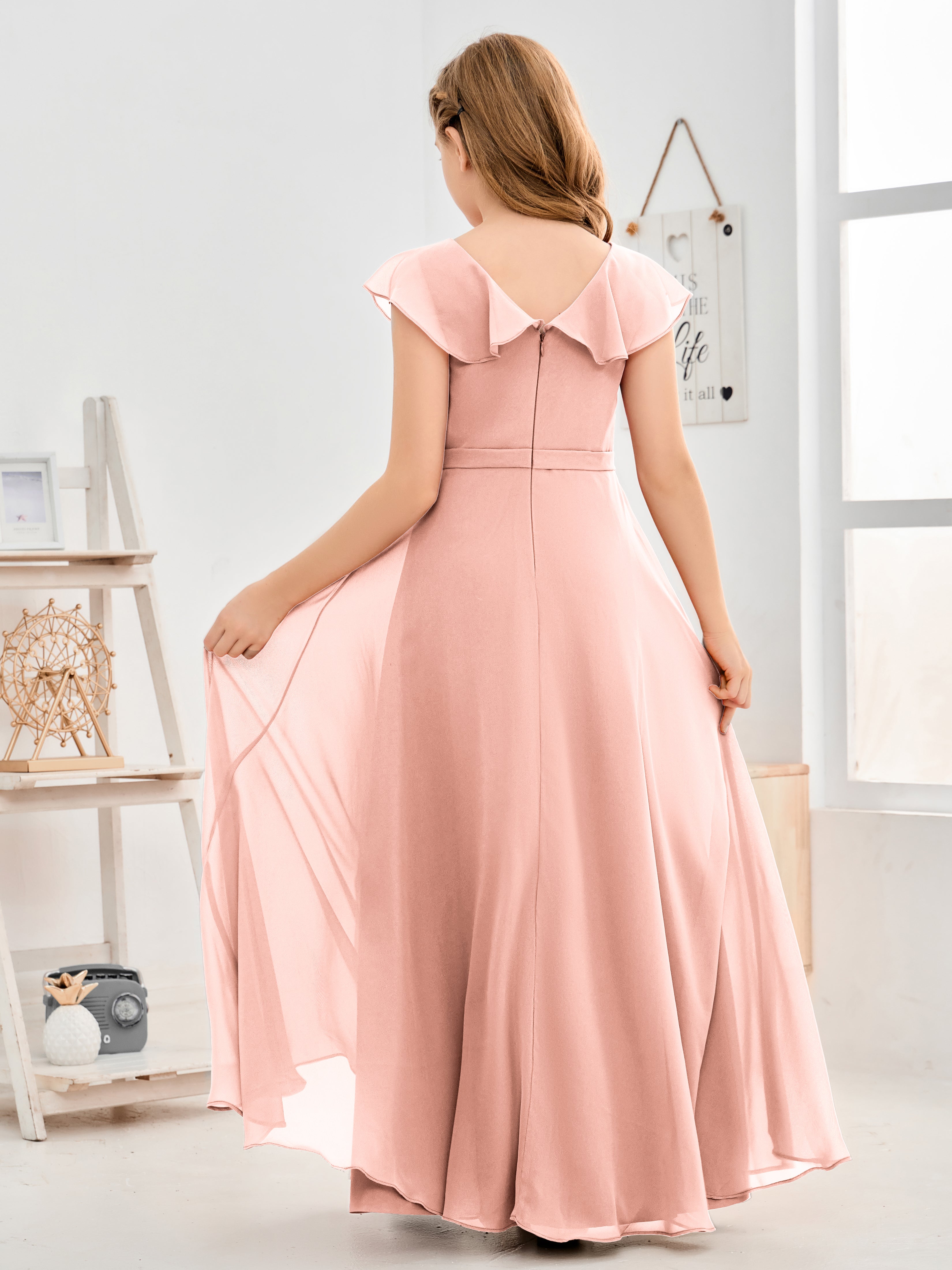V Neck Ruffles Chiffon Junior Bridesmaid Dresses