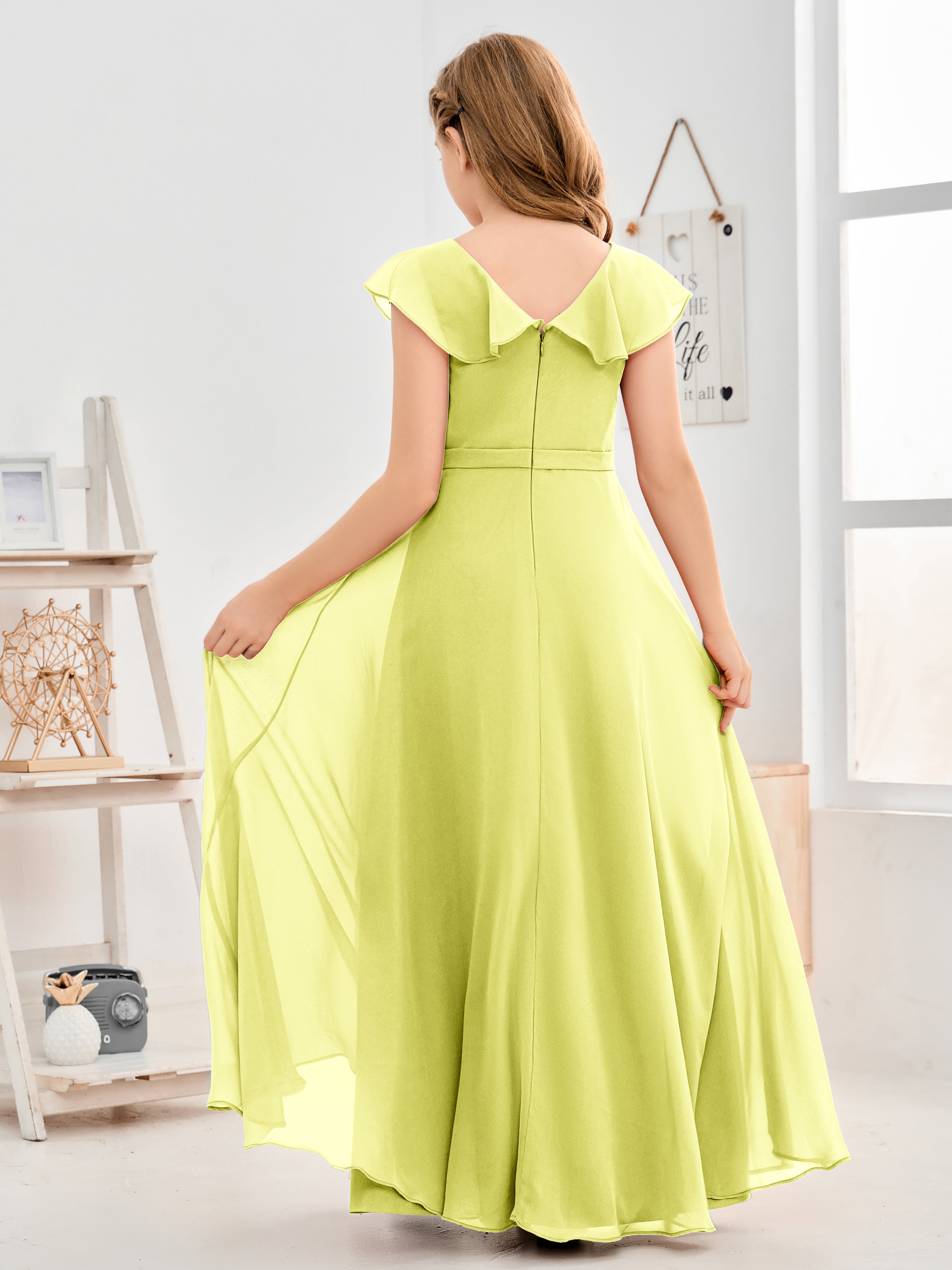 V Neck Ruffles Chiffon Junior Bridesmaid Dresses