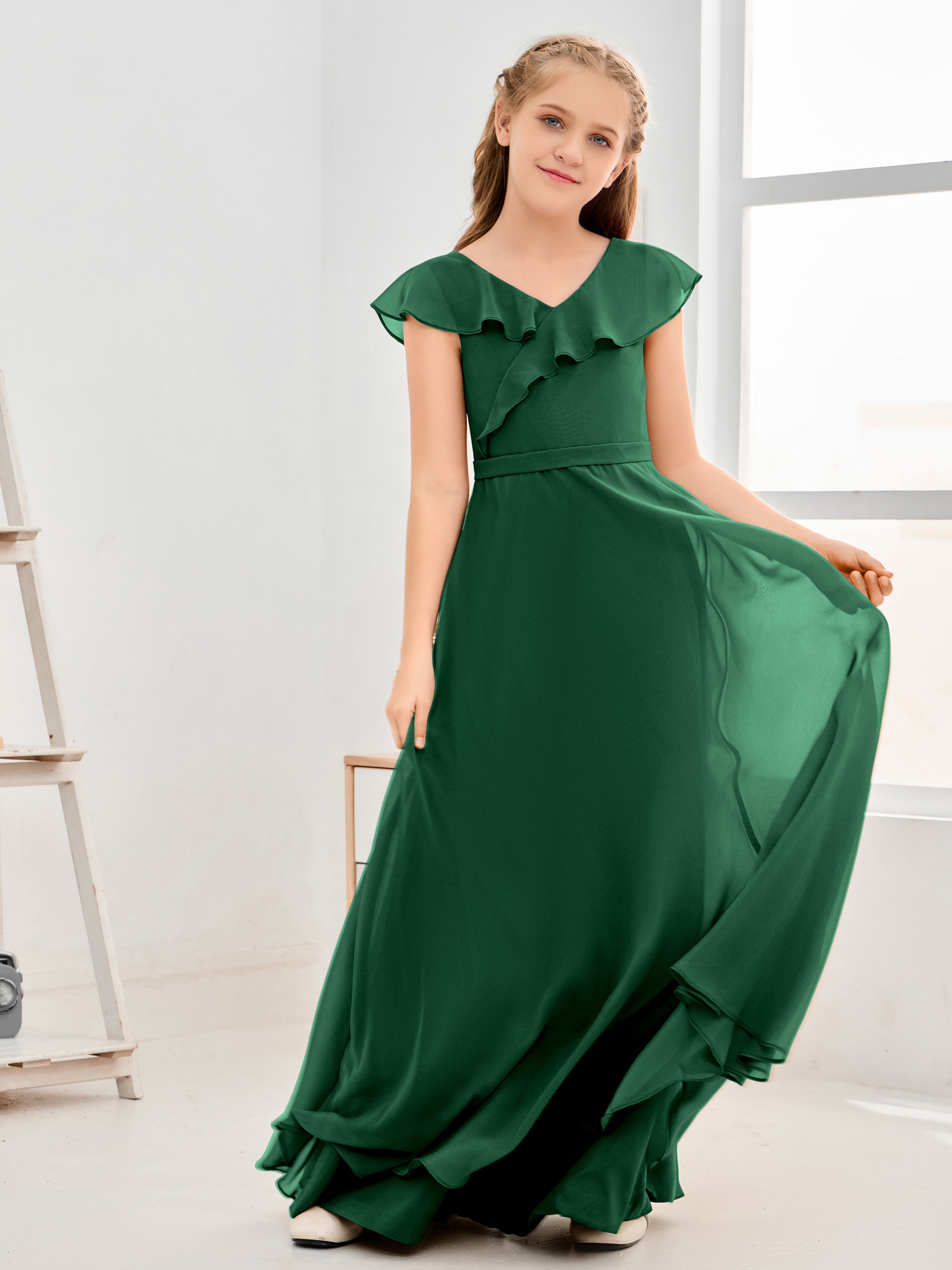 V Neck Ruffles Chiffon Junior Bridesmaid Dresses
