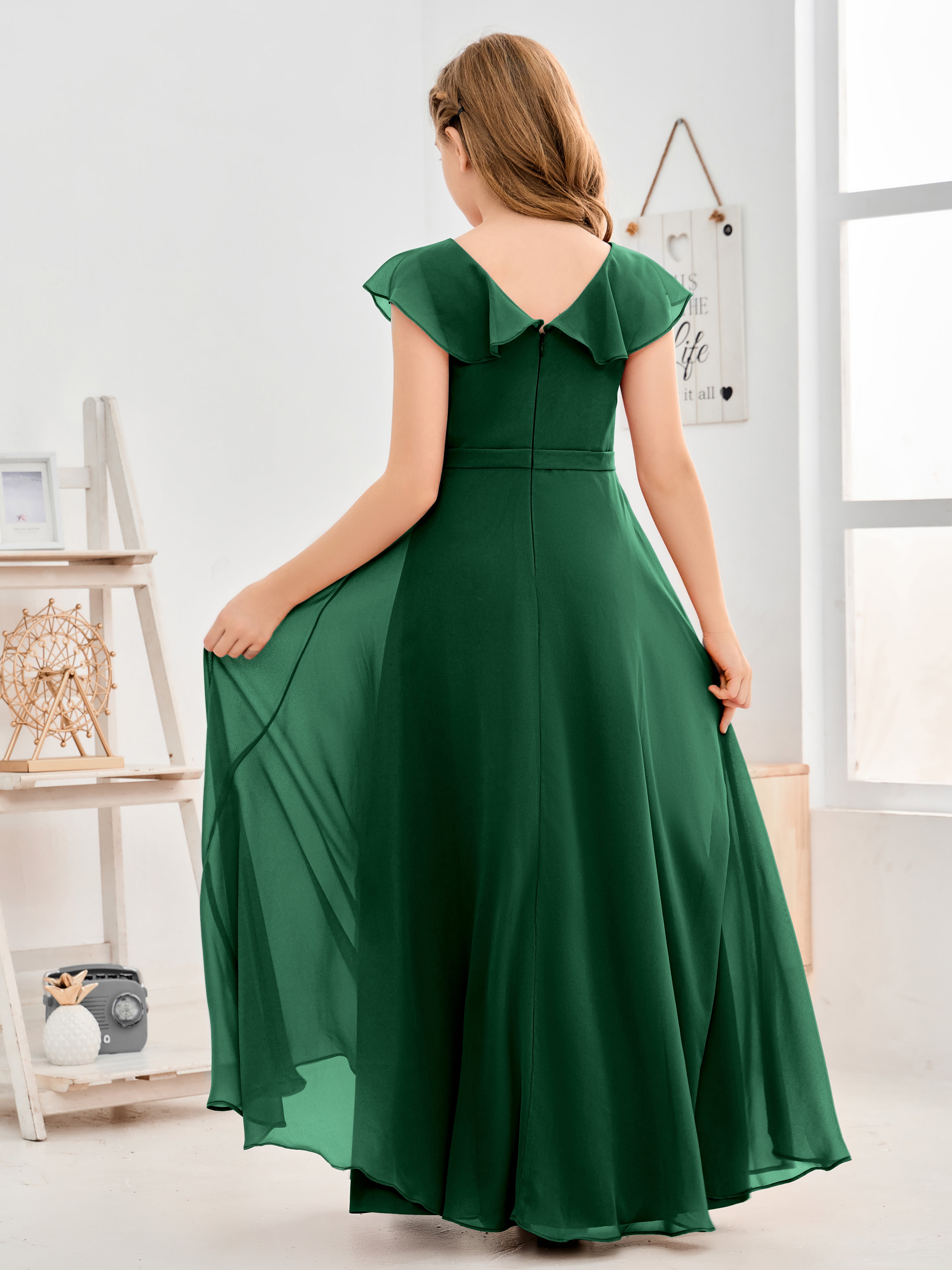 V Neck Ruffles Chiffon Junior Bridesmaid Dresses