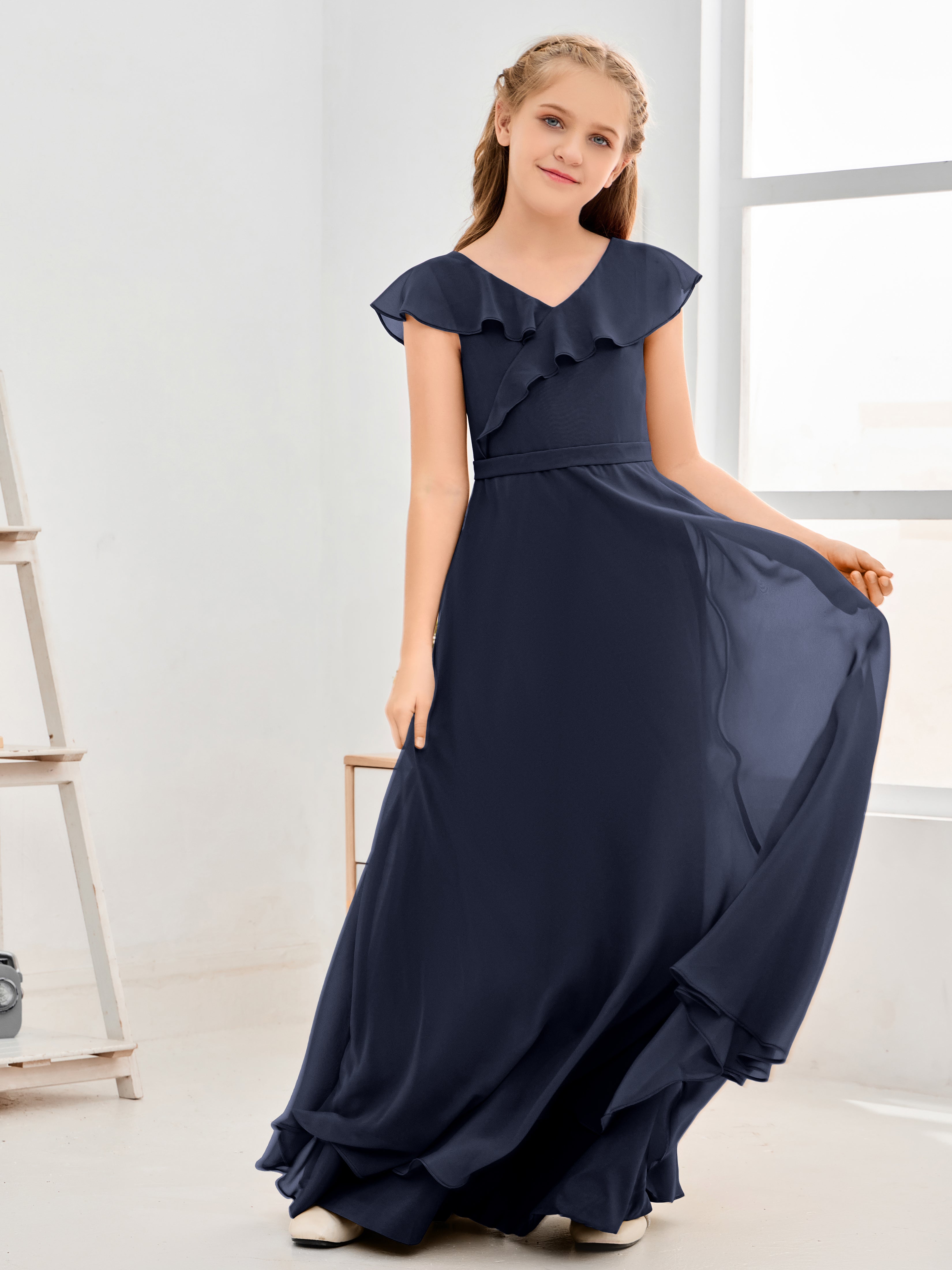 V Neck Ruffles Chiffon Junior Bridesmaid Dresses