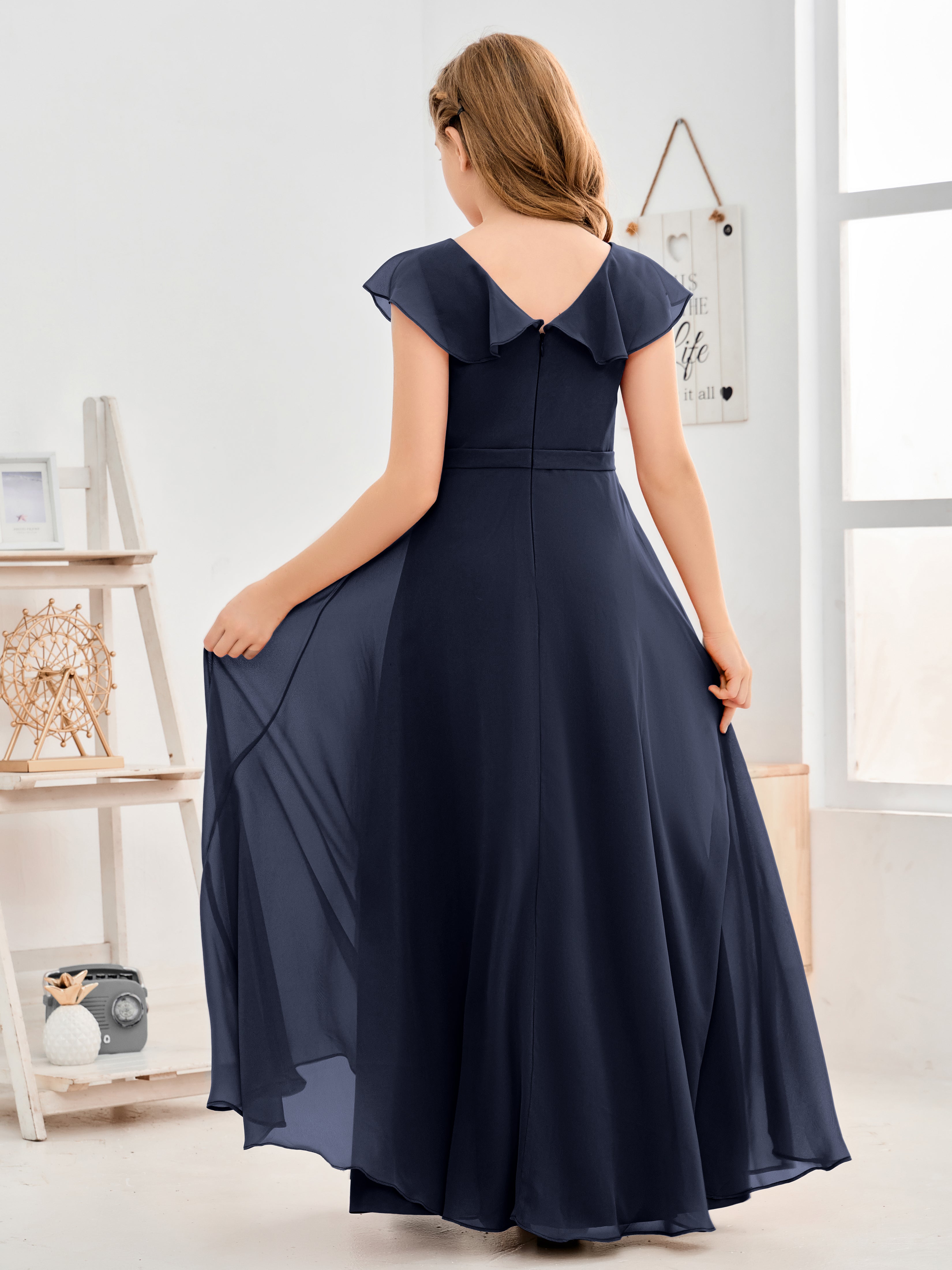 V Neck Ruffles Chiffon Junior Bridesmaid Dresses