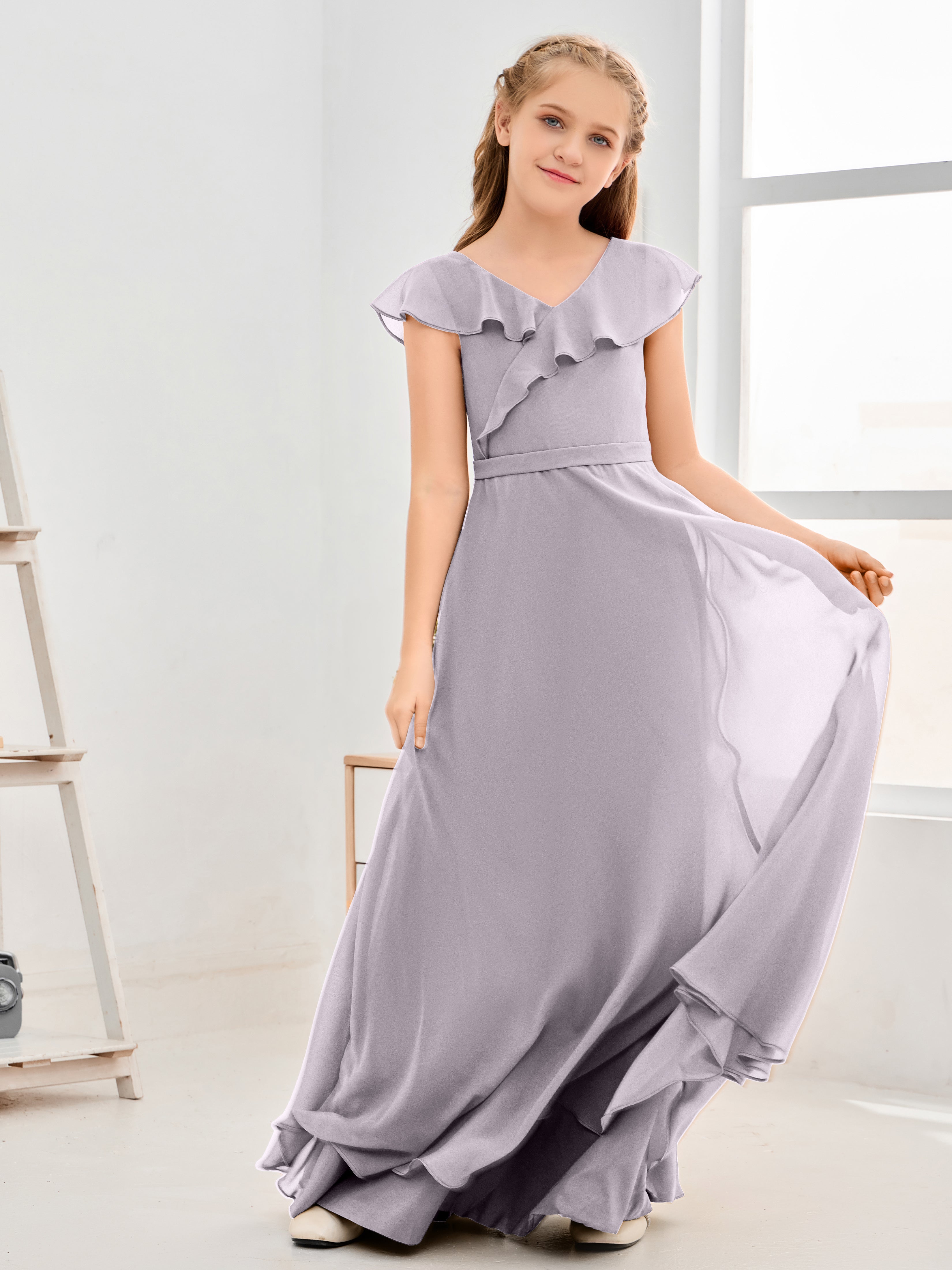 V Neck Ruffles Chiffon Junior Bridesmaid Dresses