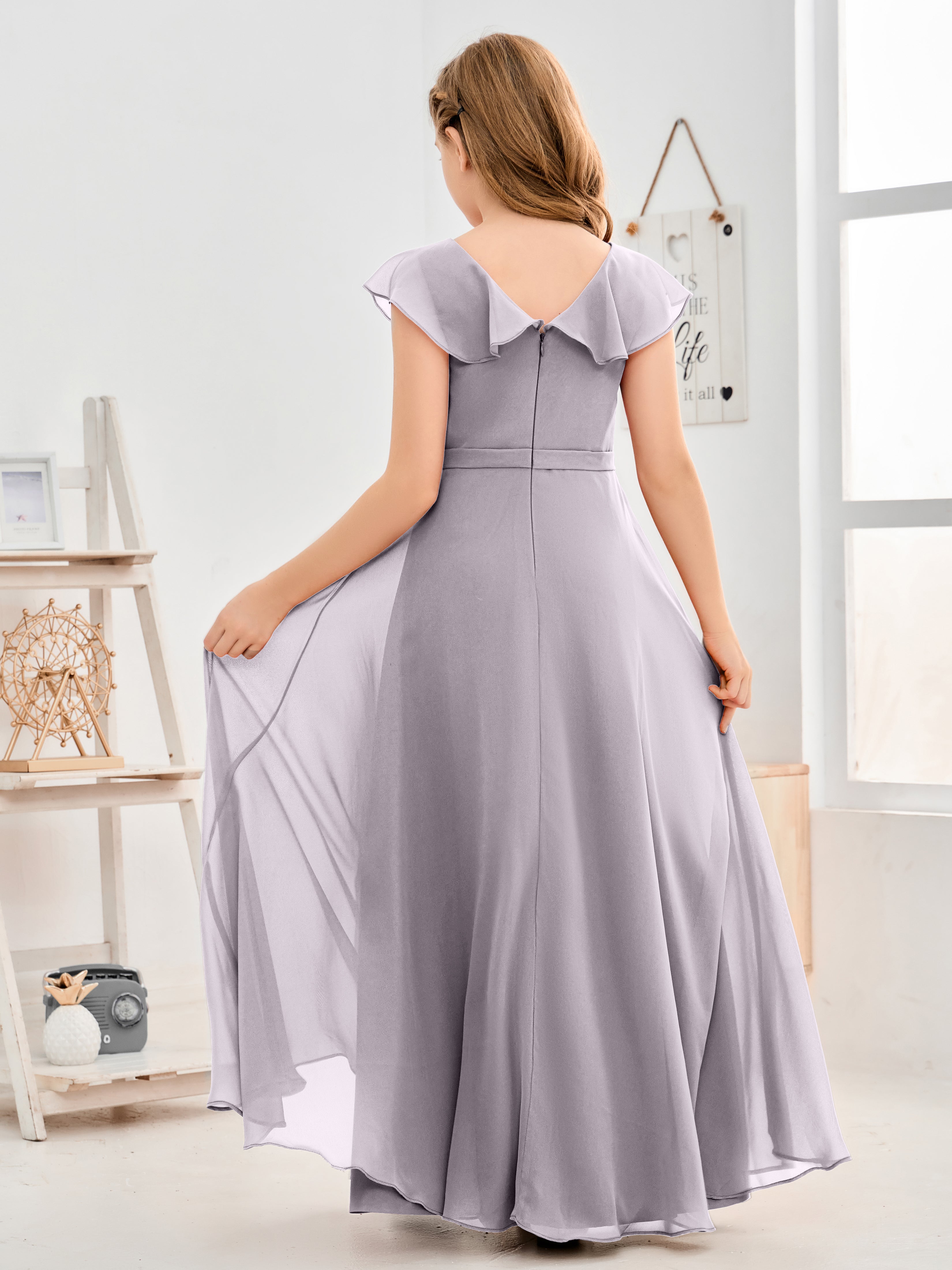 V Neck Ruffles Chiffon Junior Bridesmaid Dresses