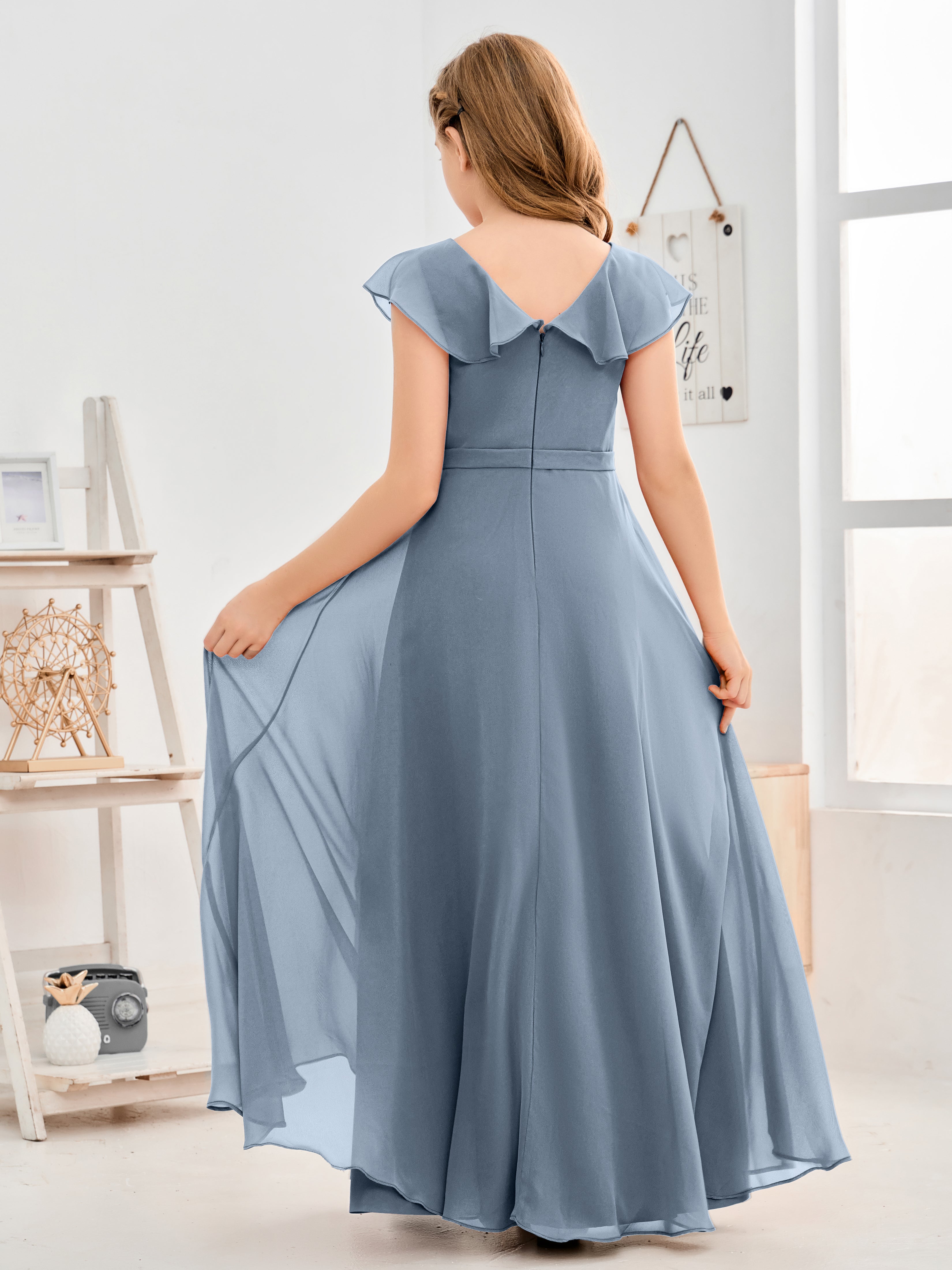 V Neck Ruffles Chiffon Junior Bridesmaid Dresses