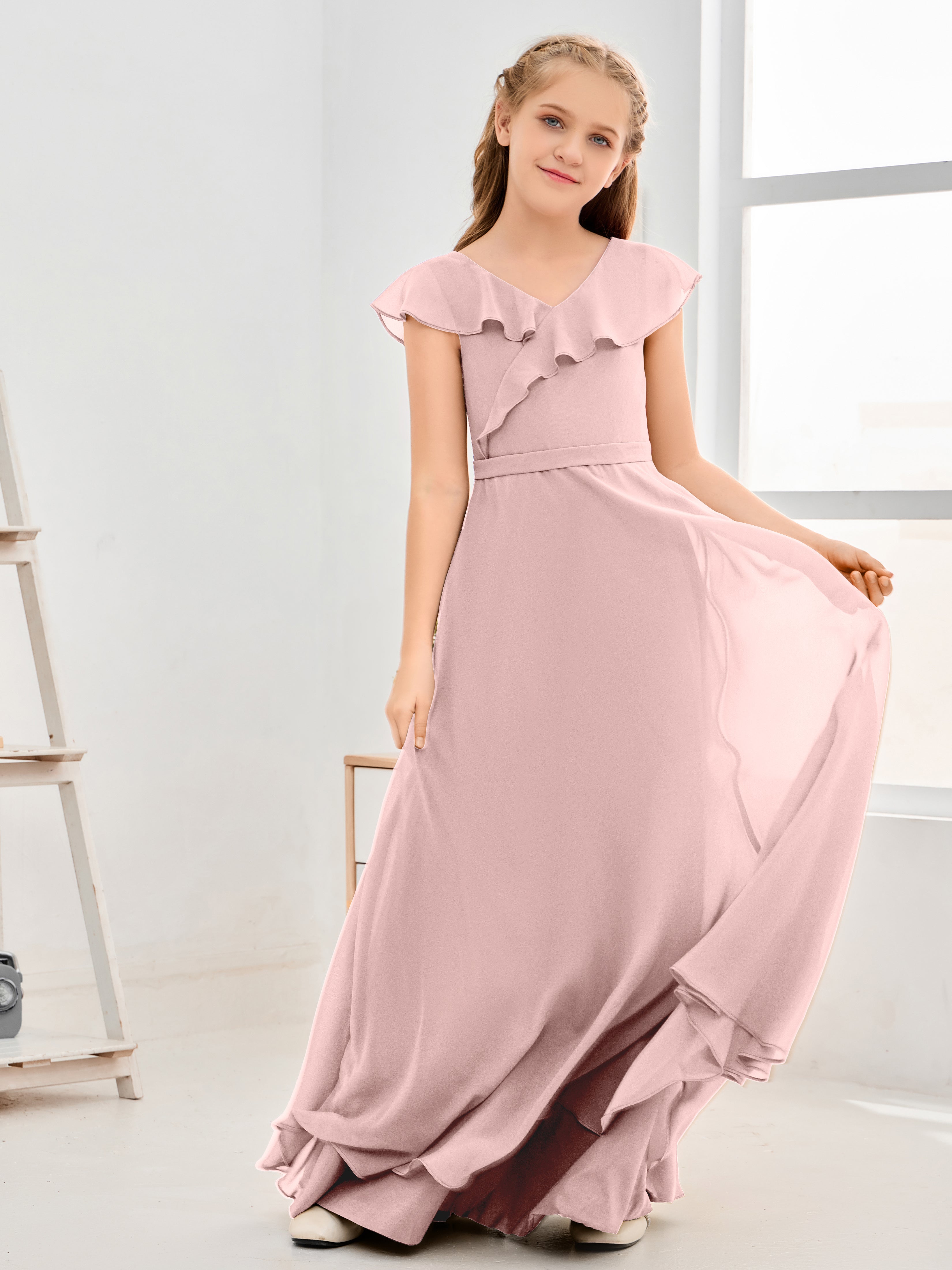 V Neck Ruffles Chiffon Junior Bridesmaid Dresses