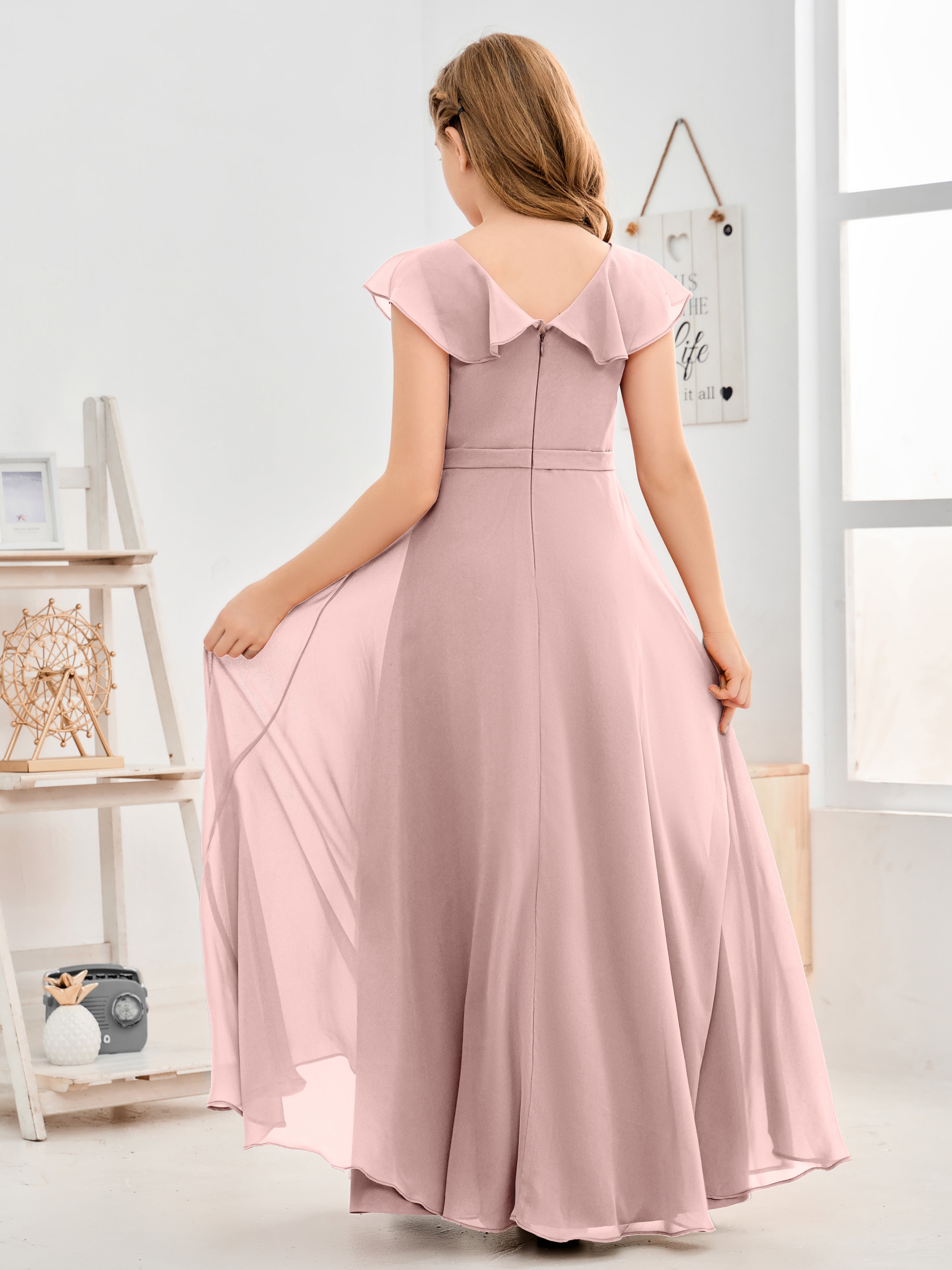 V Neck Ruffles Chiffon Junior Bridesmaid Dresses