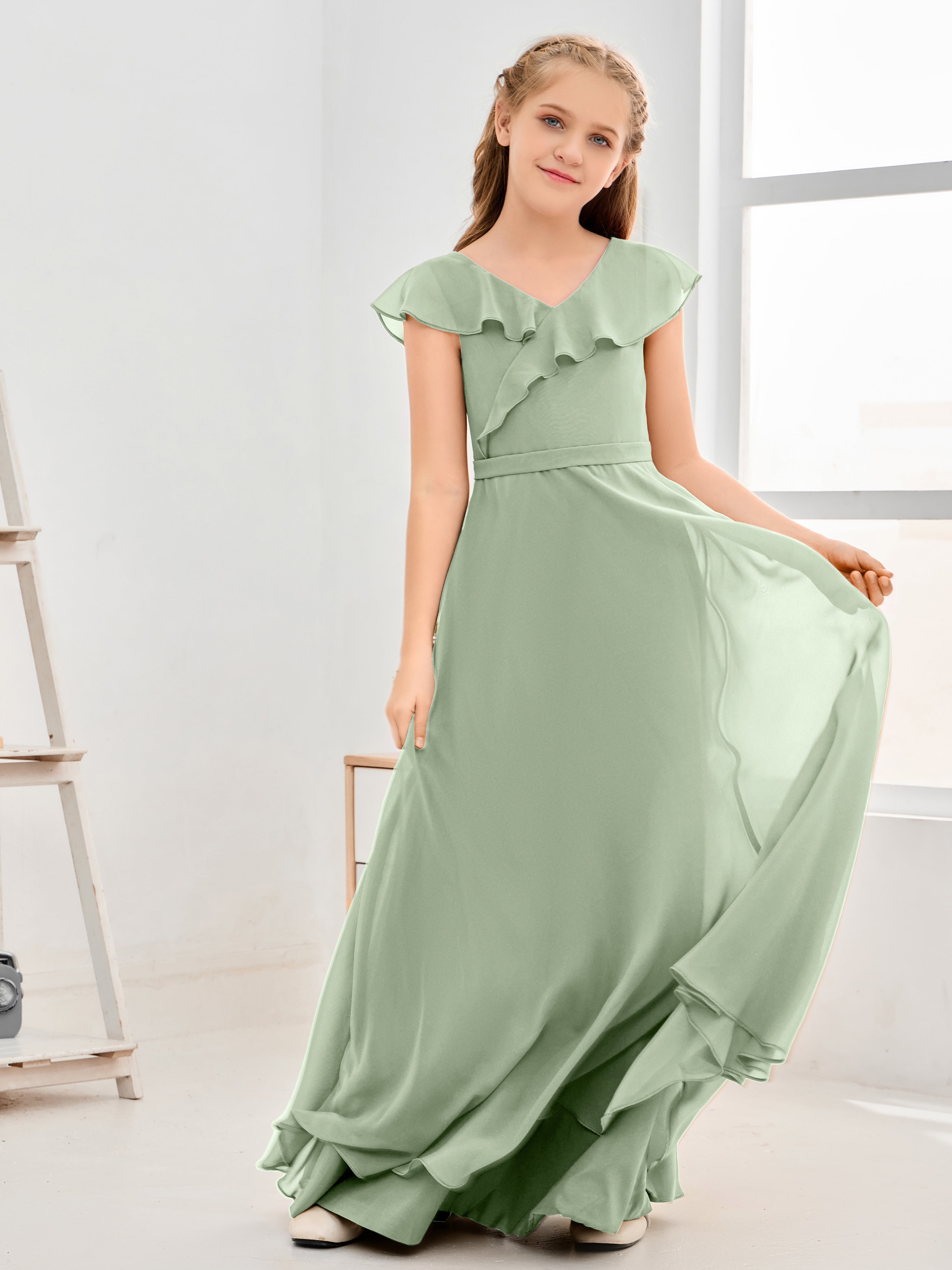 V Neck Ruffles Chiffon Junior Bridesmaid Dresses