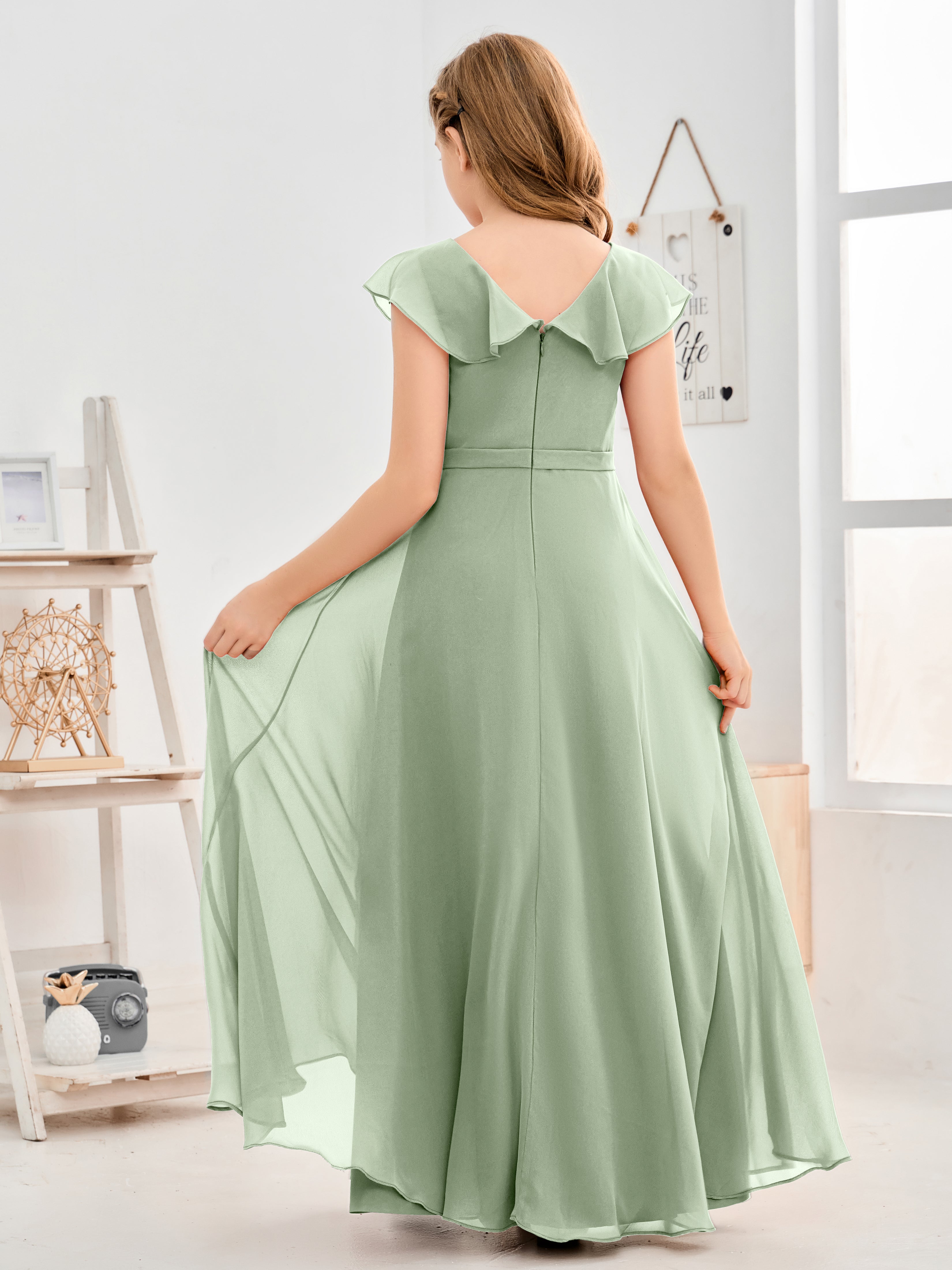 V Neck Ruffles Chiffon Junior Bridesmaid Dresses
