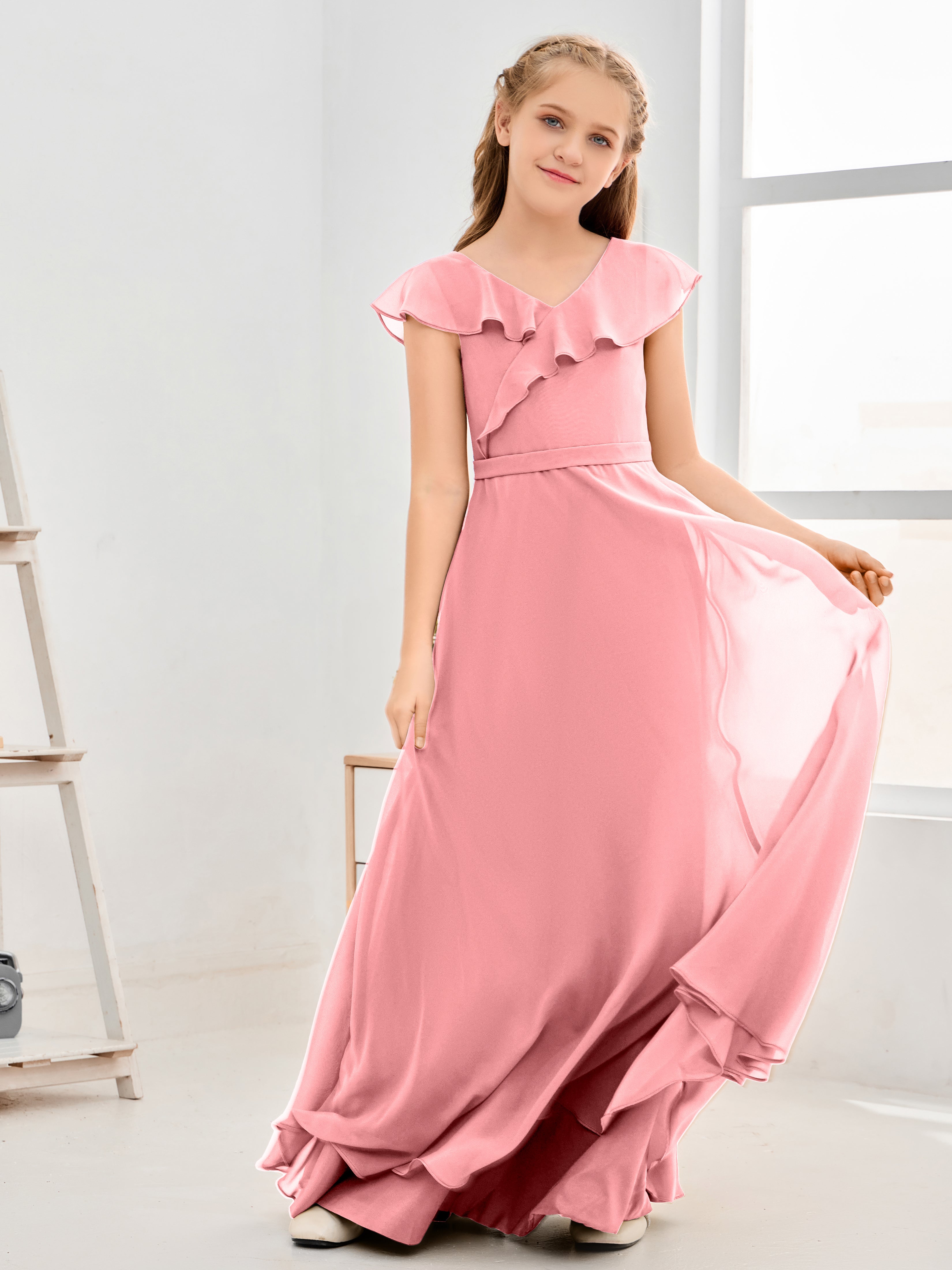 V Neck Ruffles Chiffon Junior Bridesmaid Dresses
