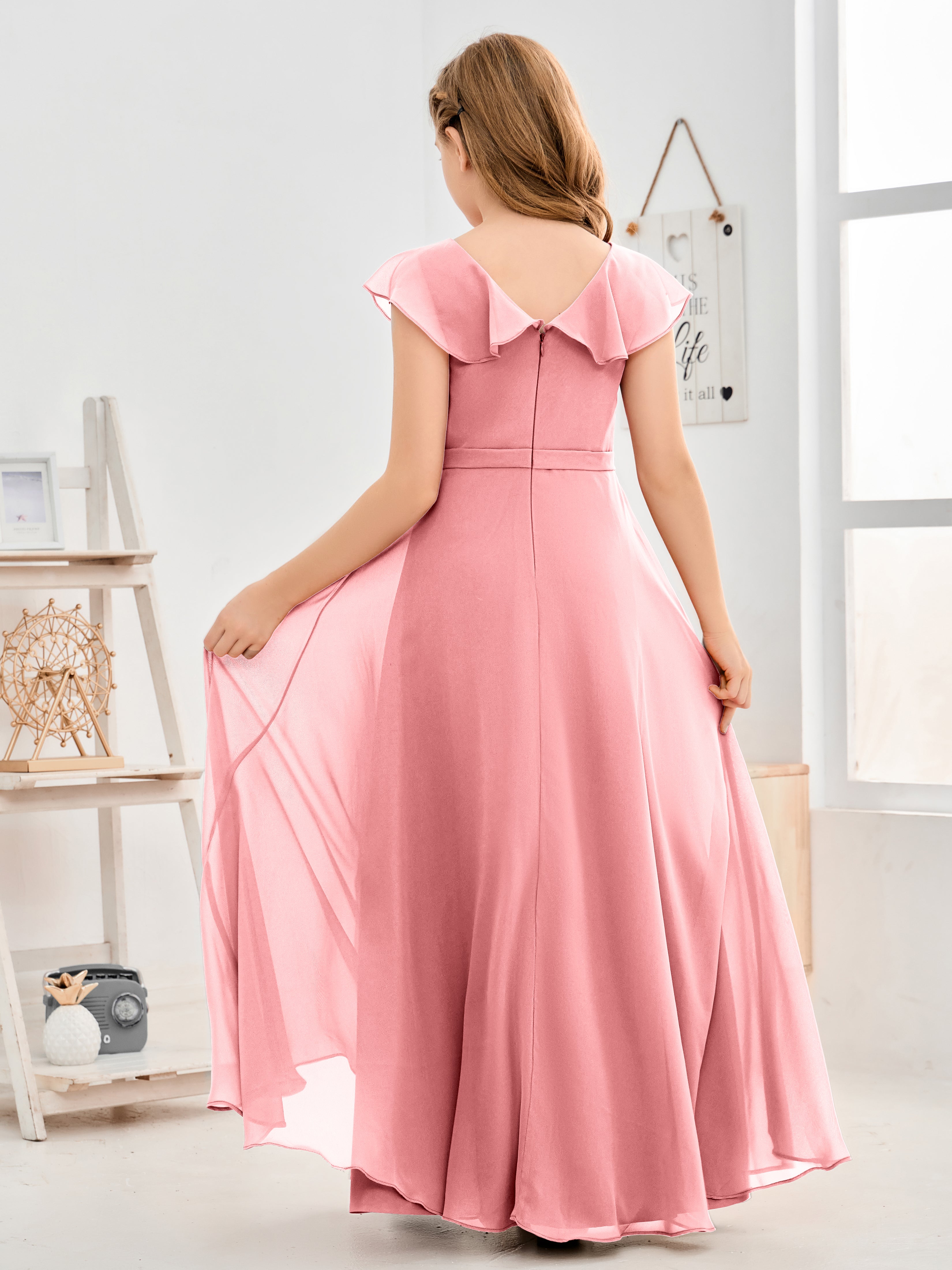 V Neck Ruffles Chiffon Junior Bridesmaid Dresses