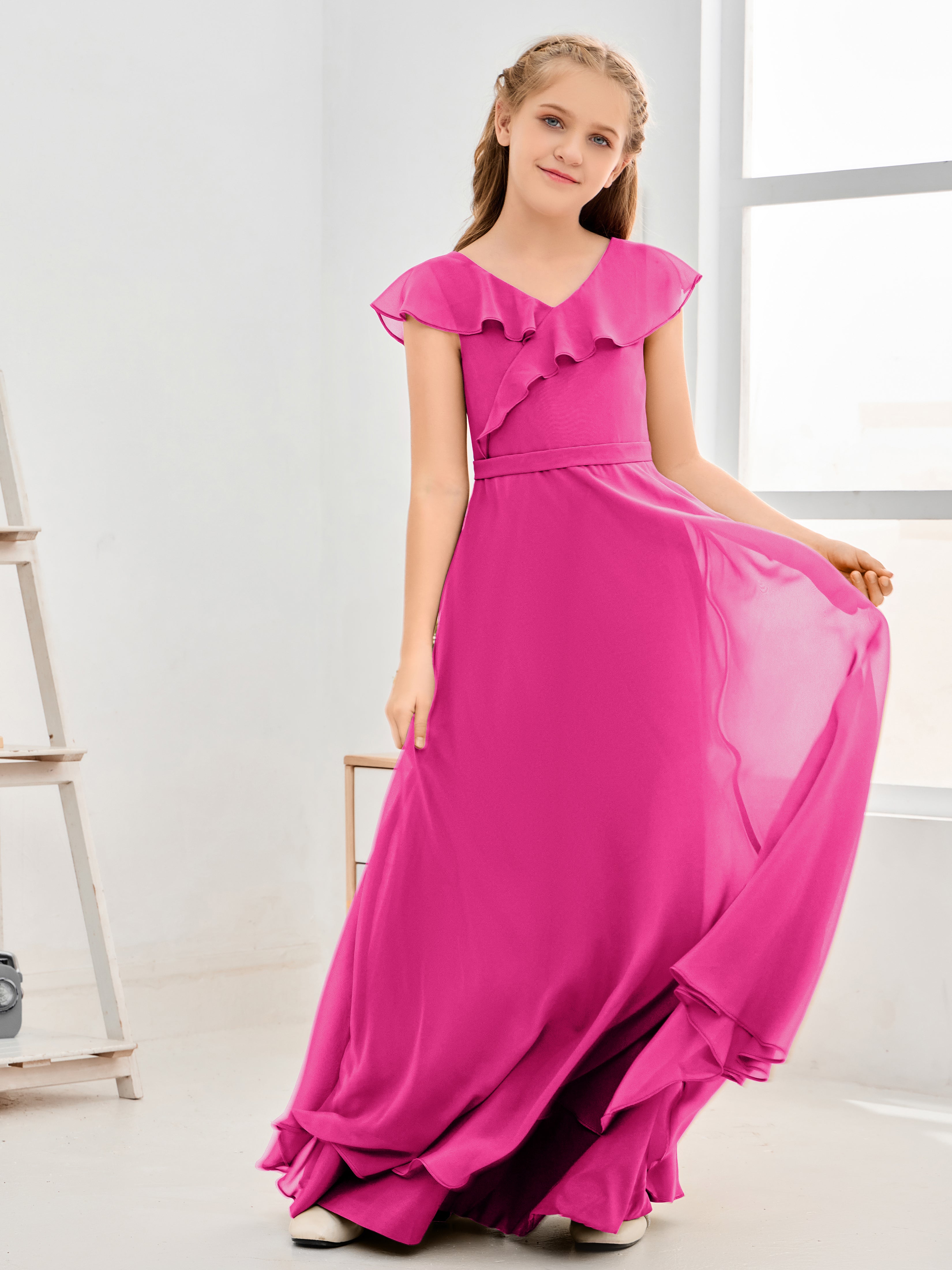 V Neck Ruffles Chiffon Junior Bridesmaid Dresses