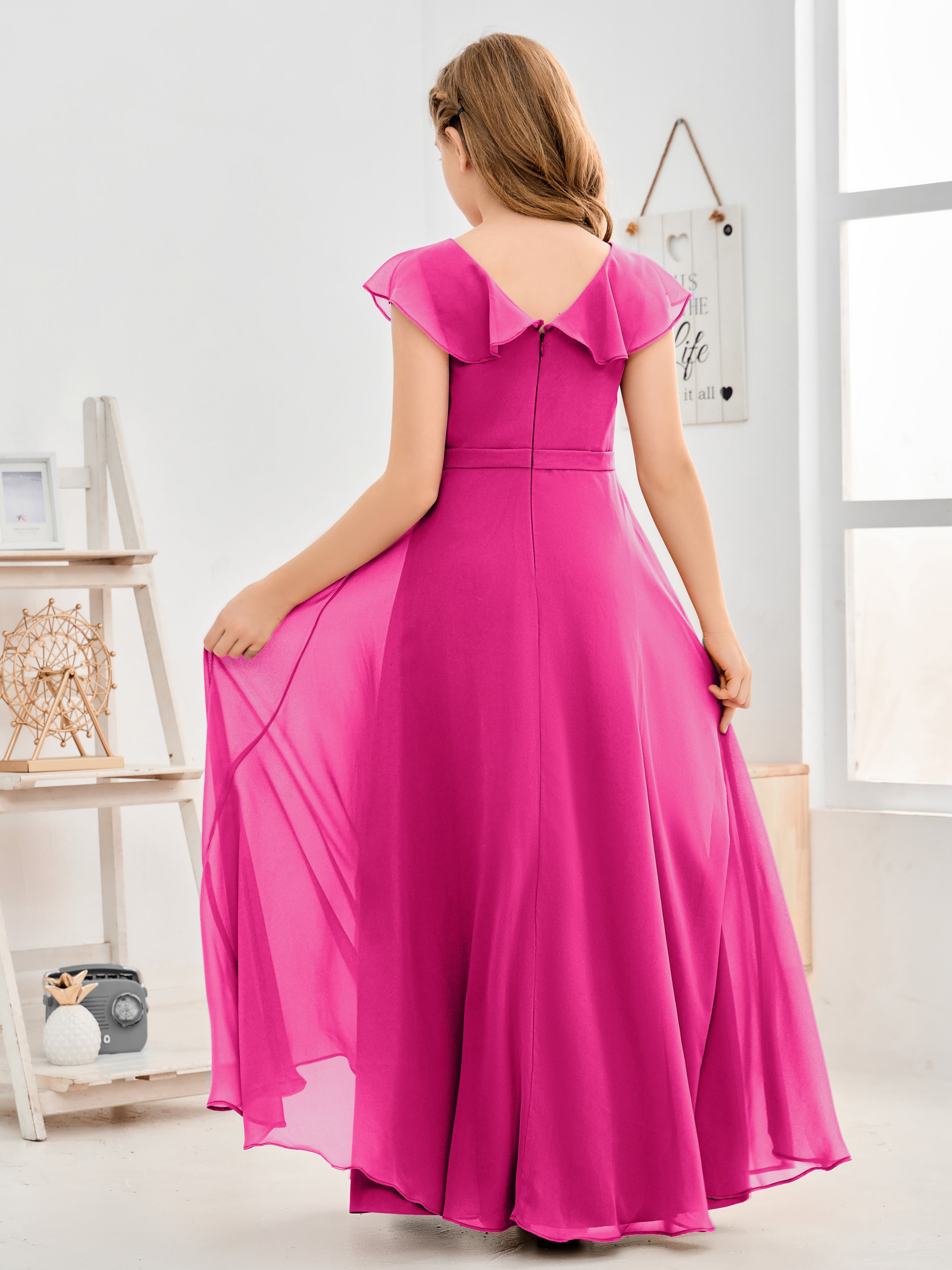 V Neck Ruffles Chiffon Junior Bridesmaid Dresses