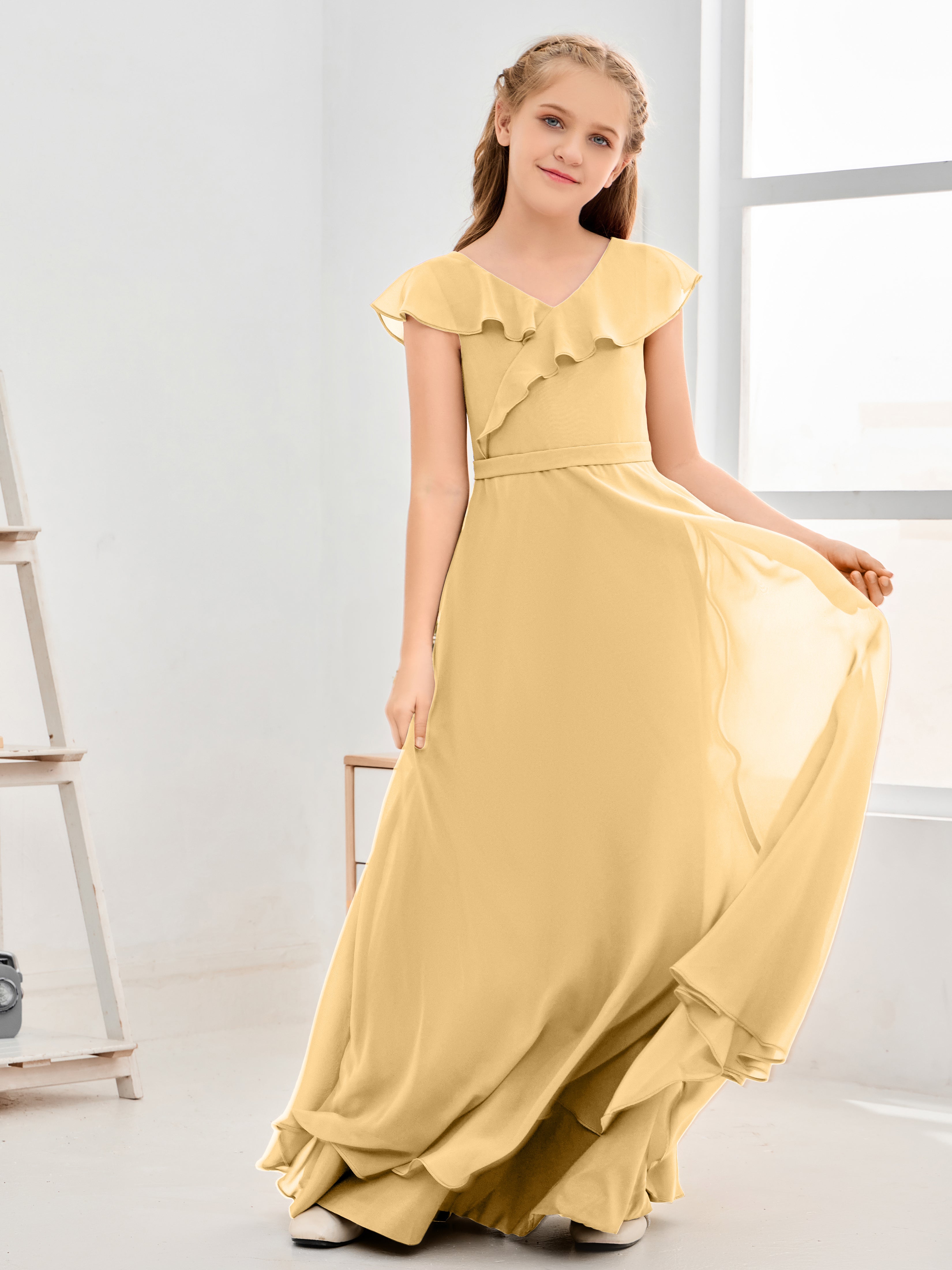 V Neck Ruffles Chiffon Junior Bridesmaid Dresses