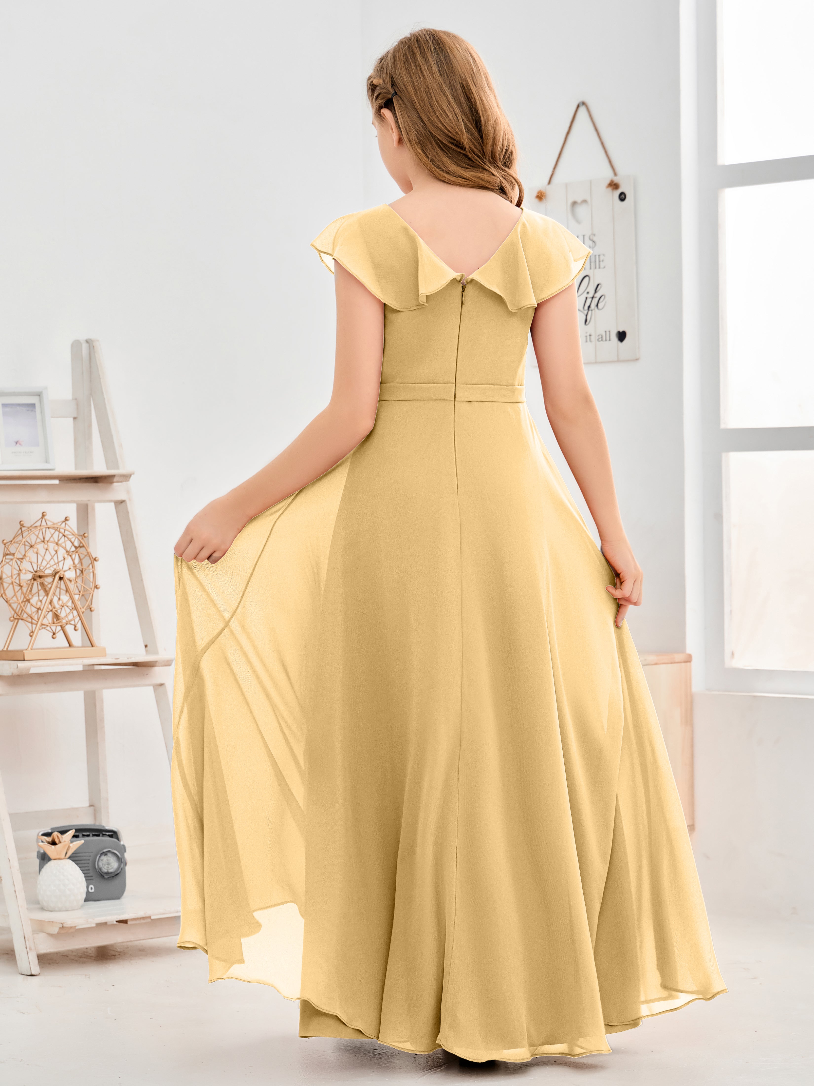 V Neck Ruffles Chiffon Junior Bridesmaid Dresses