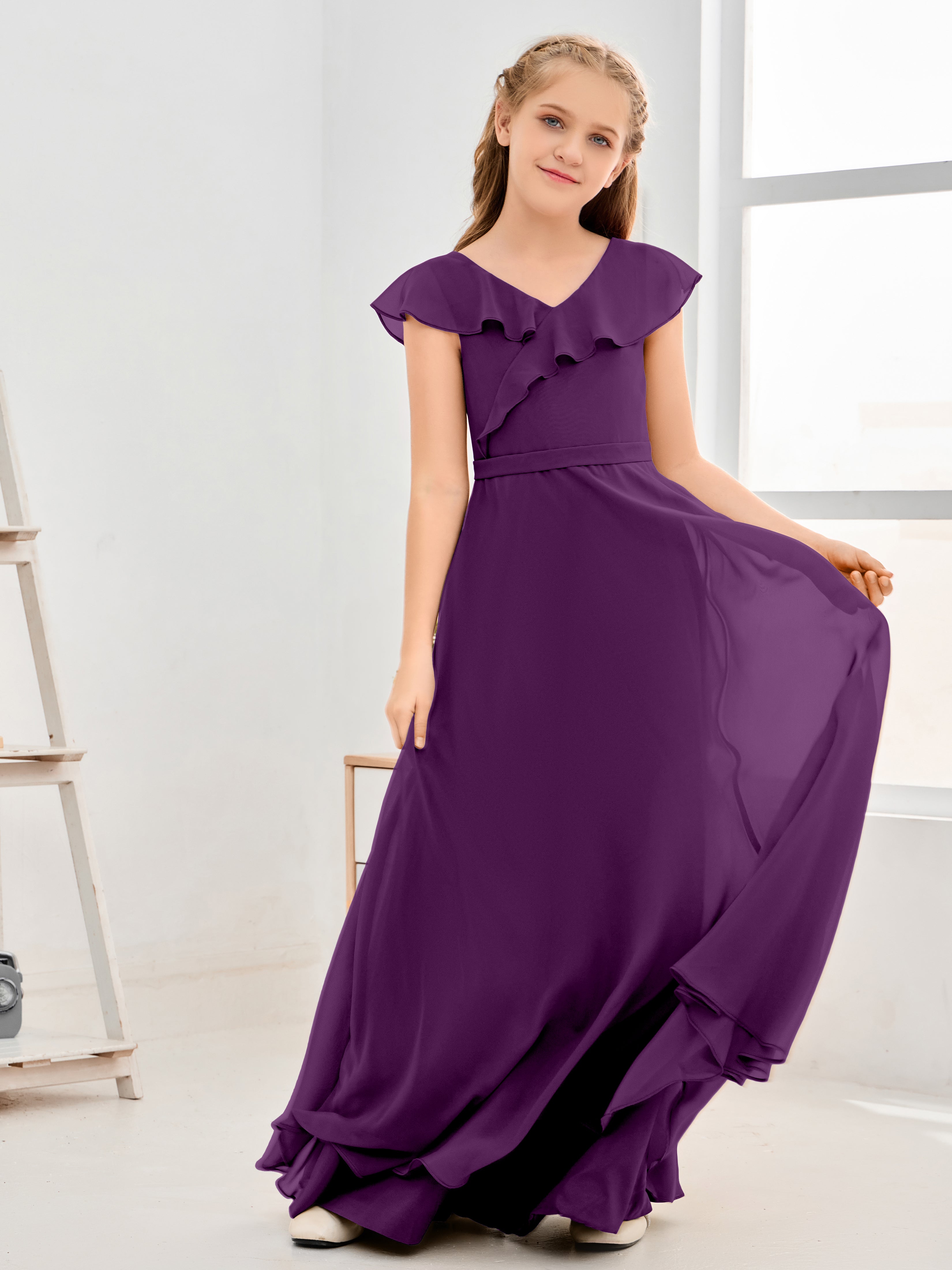 V Neck Ruffles Chiffon Junior Bridesmaid Dresses