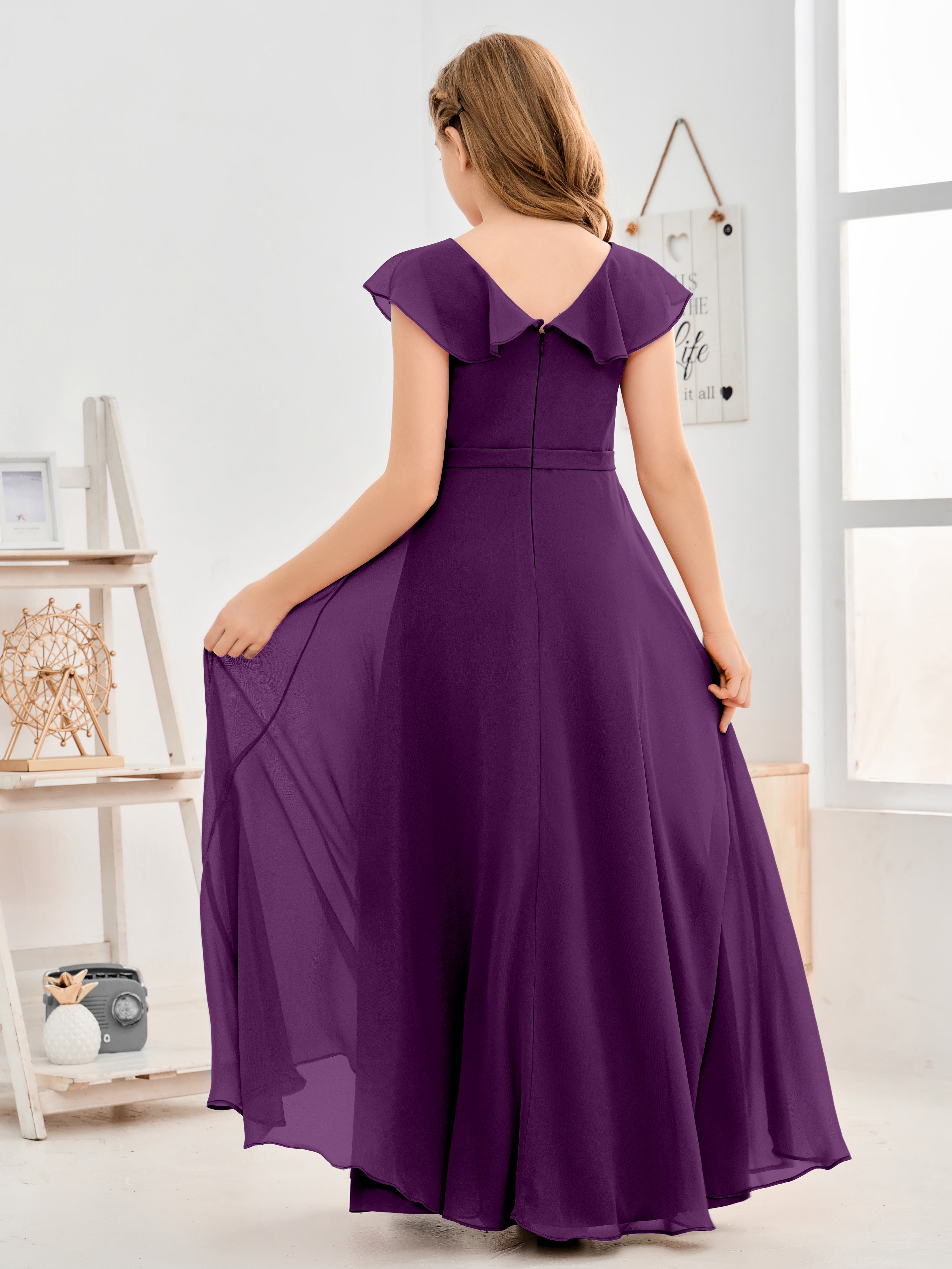 V Neck Ruffles Chiffon Junior Bridesmaid Dresses