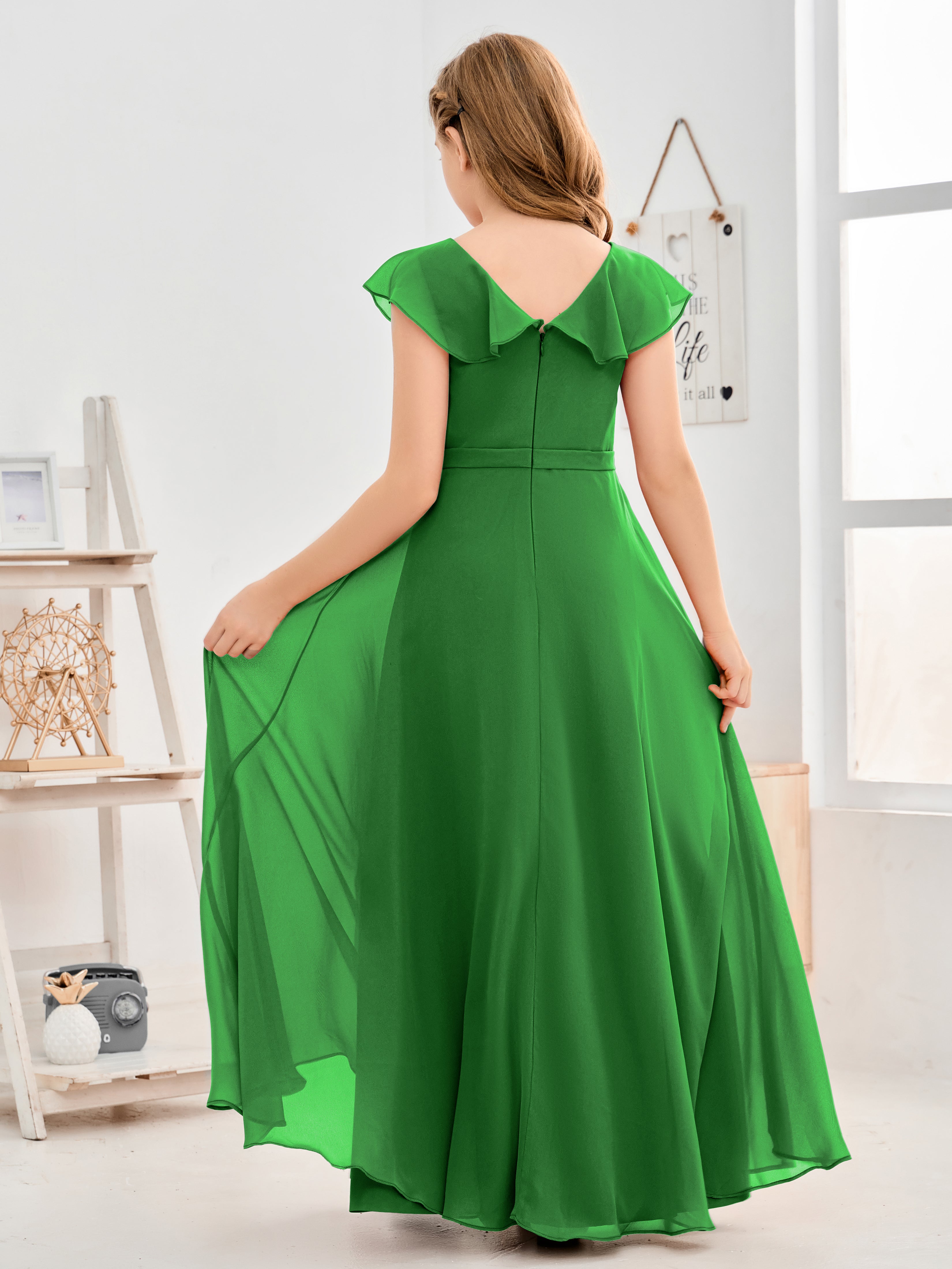 V Neck Ruffles Chiffon Junior Bridesmaid Dresses
