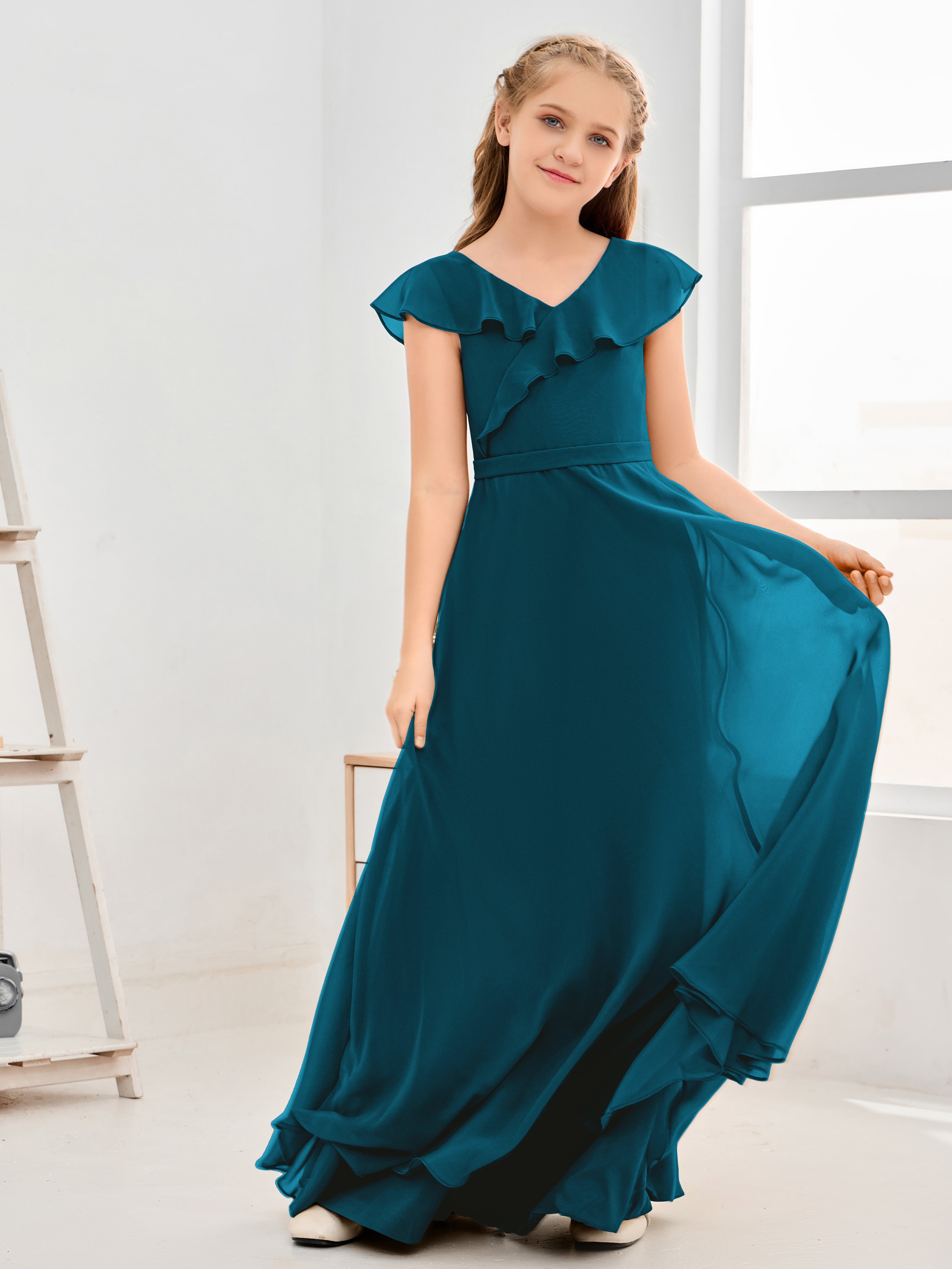 V Neck Ruffles Chiffon Junior Bridesmaid Dresses